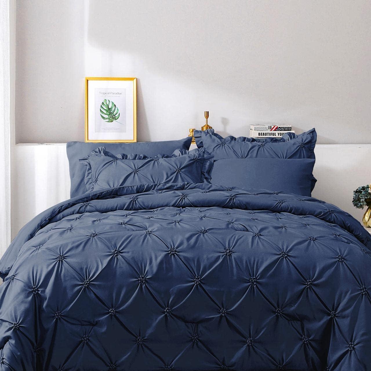 Virtu Queen Comforter Set, 7pc Bed in a Bag, Pleated Bedding Comforter Sets with Sheets, Navy