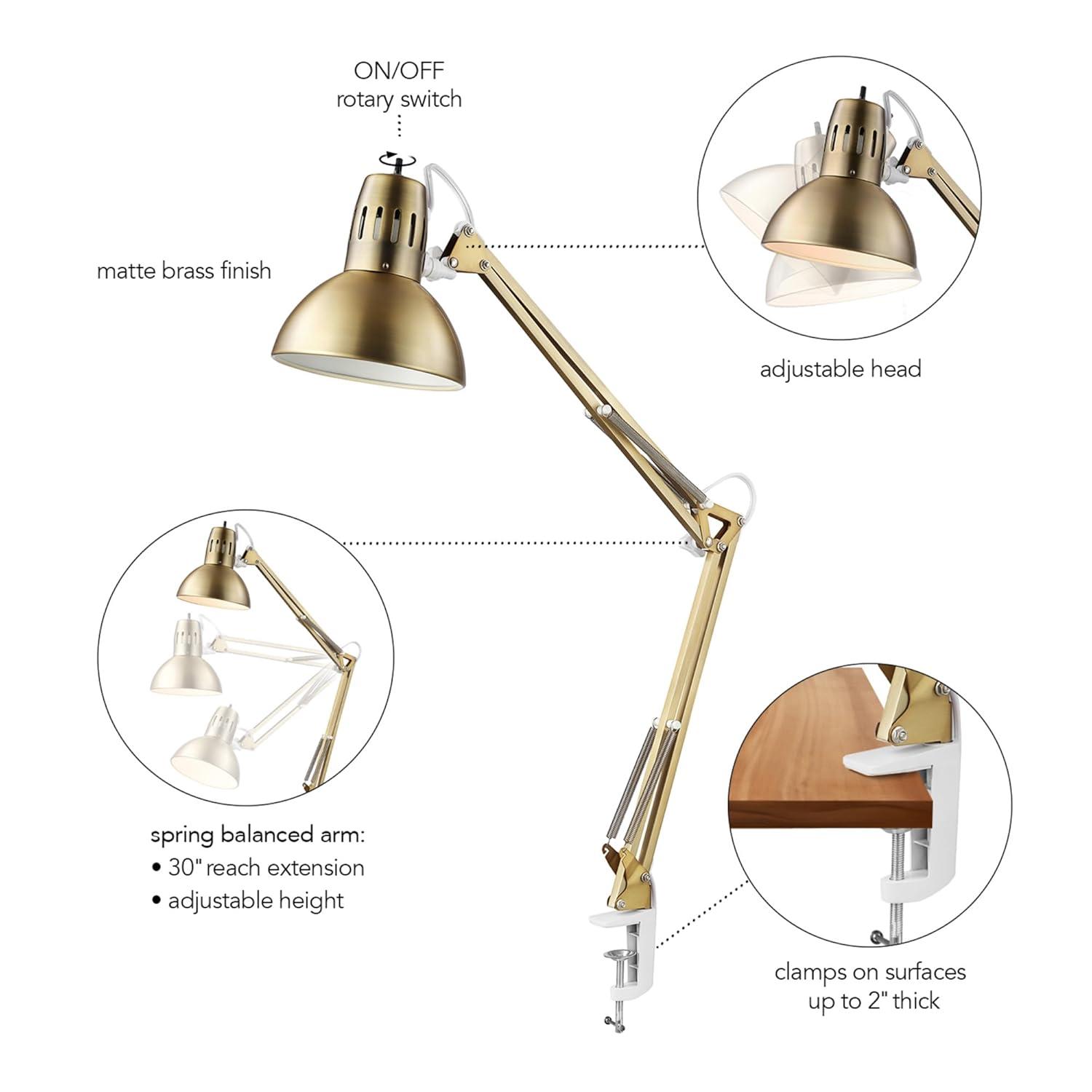 GLOBE Electric 62000010 32" Multi-Joint Desk Lamp with Metal Clamp, Matte Brass, White Accents, On/Off Rotary Switch on Shade, Partially Adjustable Swing Arm, Home Décor, Office Accessory
