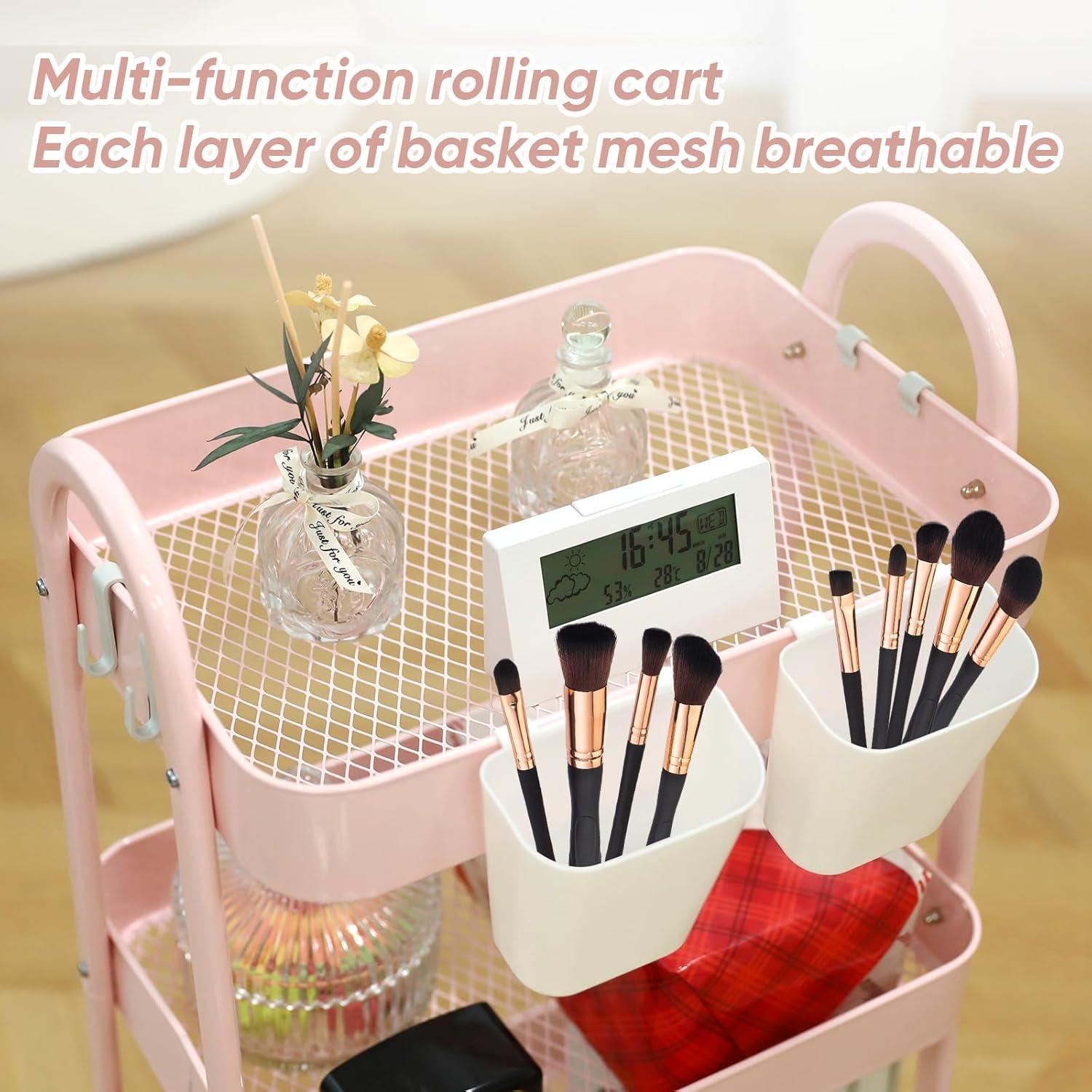 Pink 3-Tier Metal Rolling Kitchen Storage Cart with Wheels