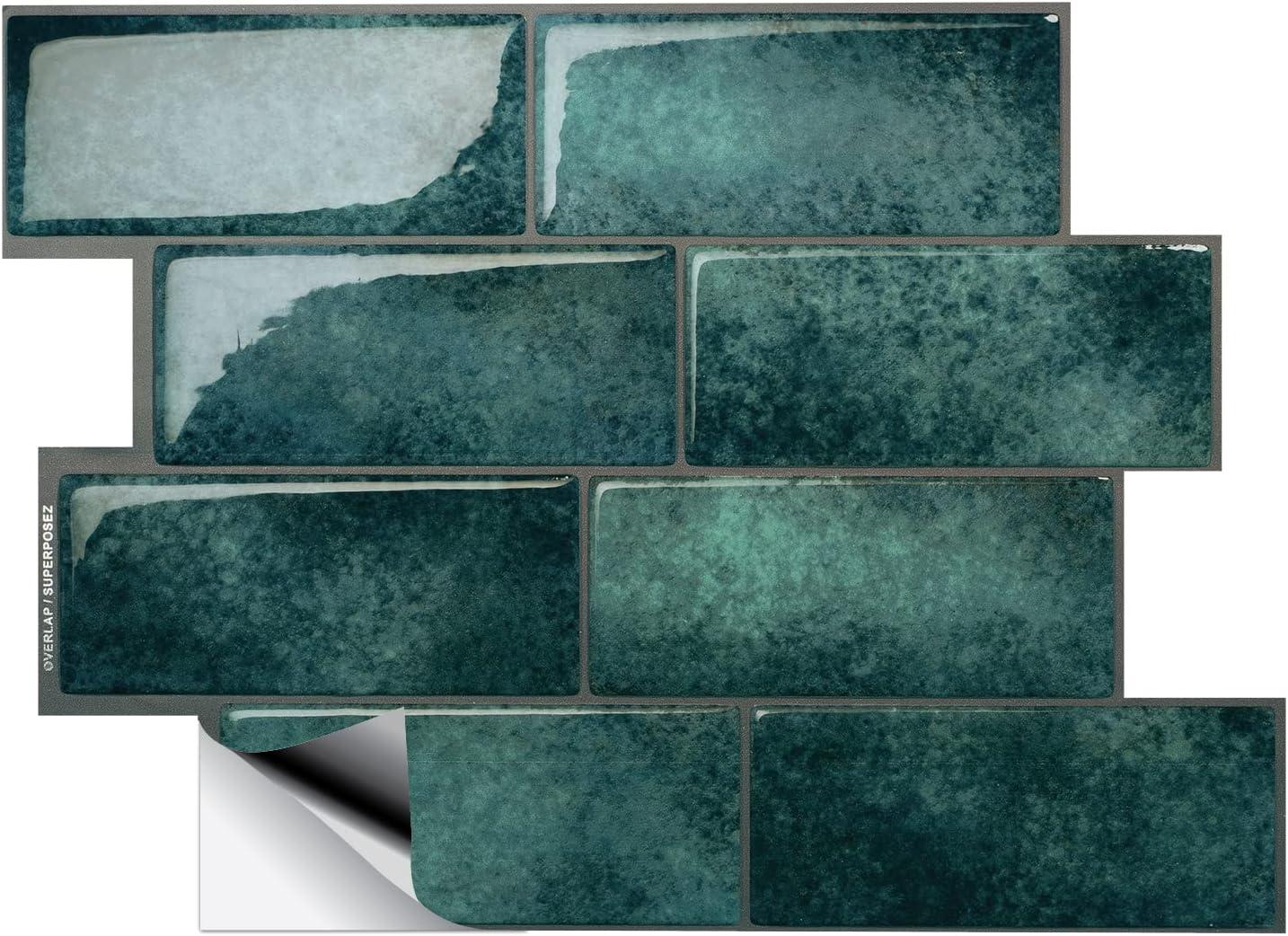 Smart Tiles - 3D Adhesive Peel and Stick Backsplash Tile, Blue & Green - 5-Pack 11.56" x 8.38"