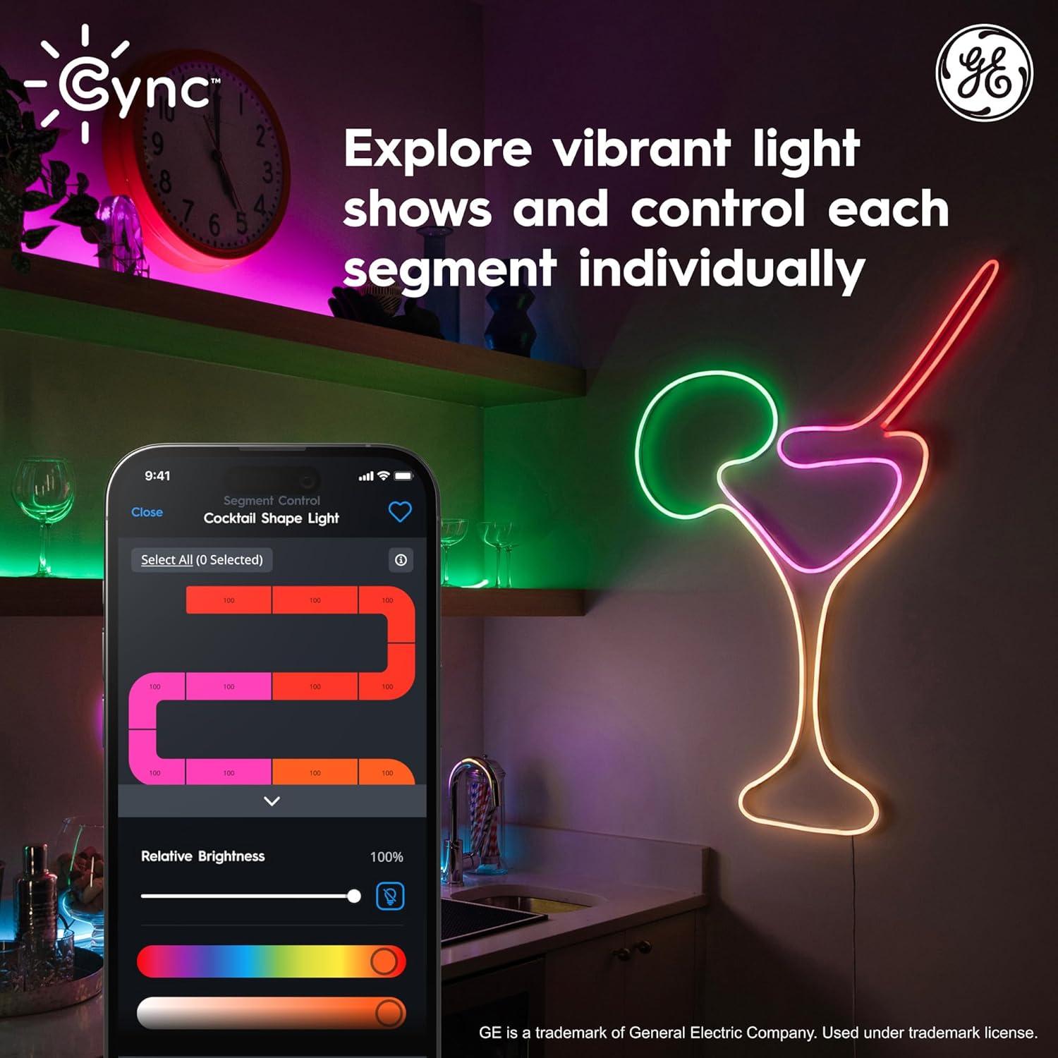GE Lighting GE Cync Dynamic Effects Smart Neon Shape Light, Color Changing WiFi Lights, 16ft