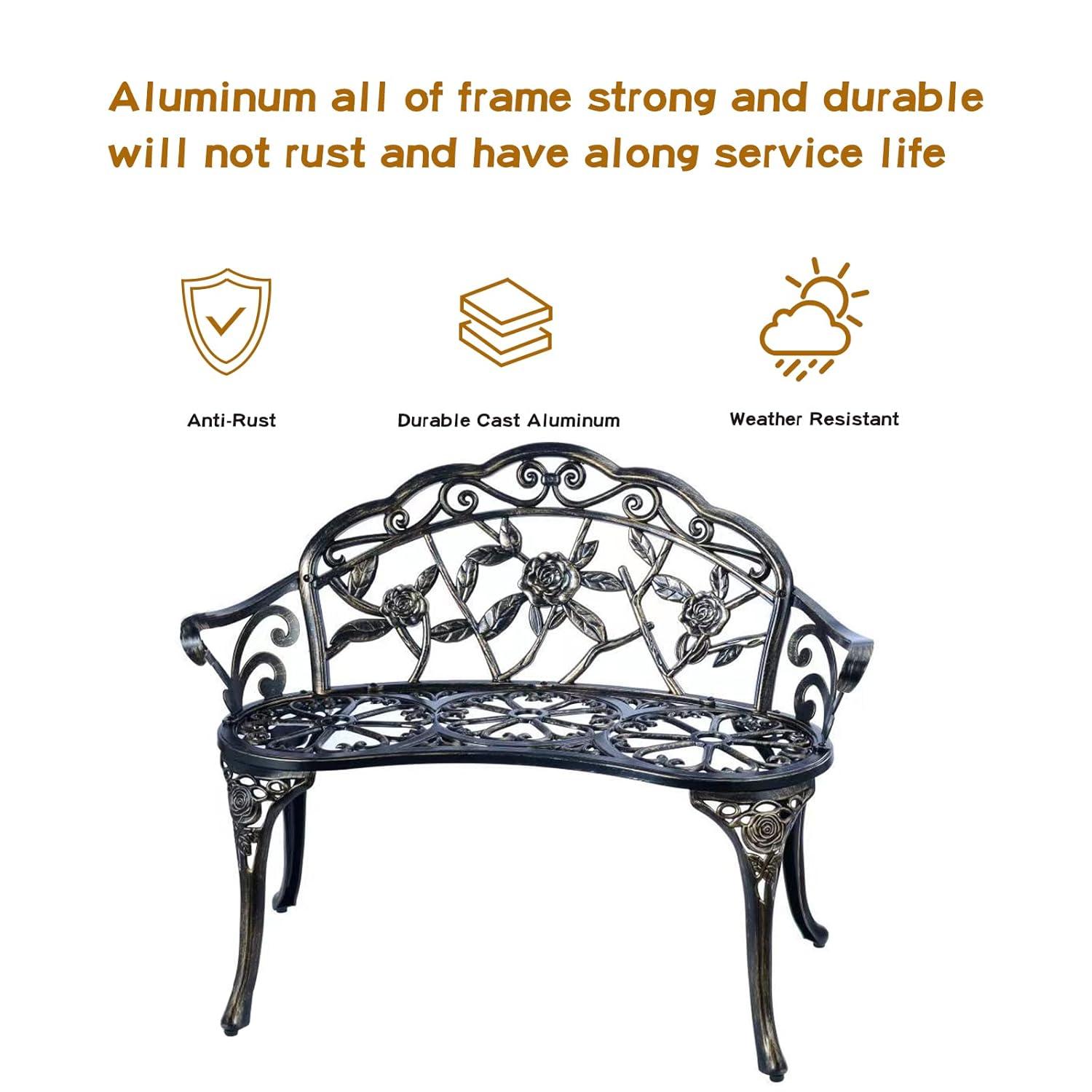 Patio Garden Bench Metal Park Bench Cast Aluminum Outdoor Furniture With Floral Rose,Copper