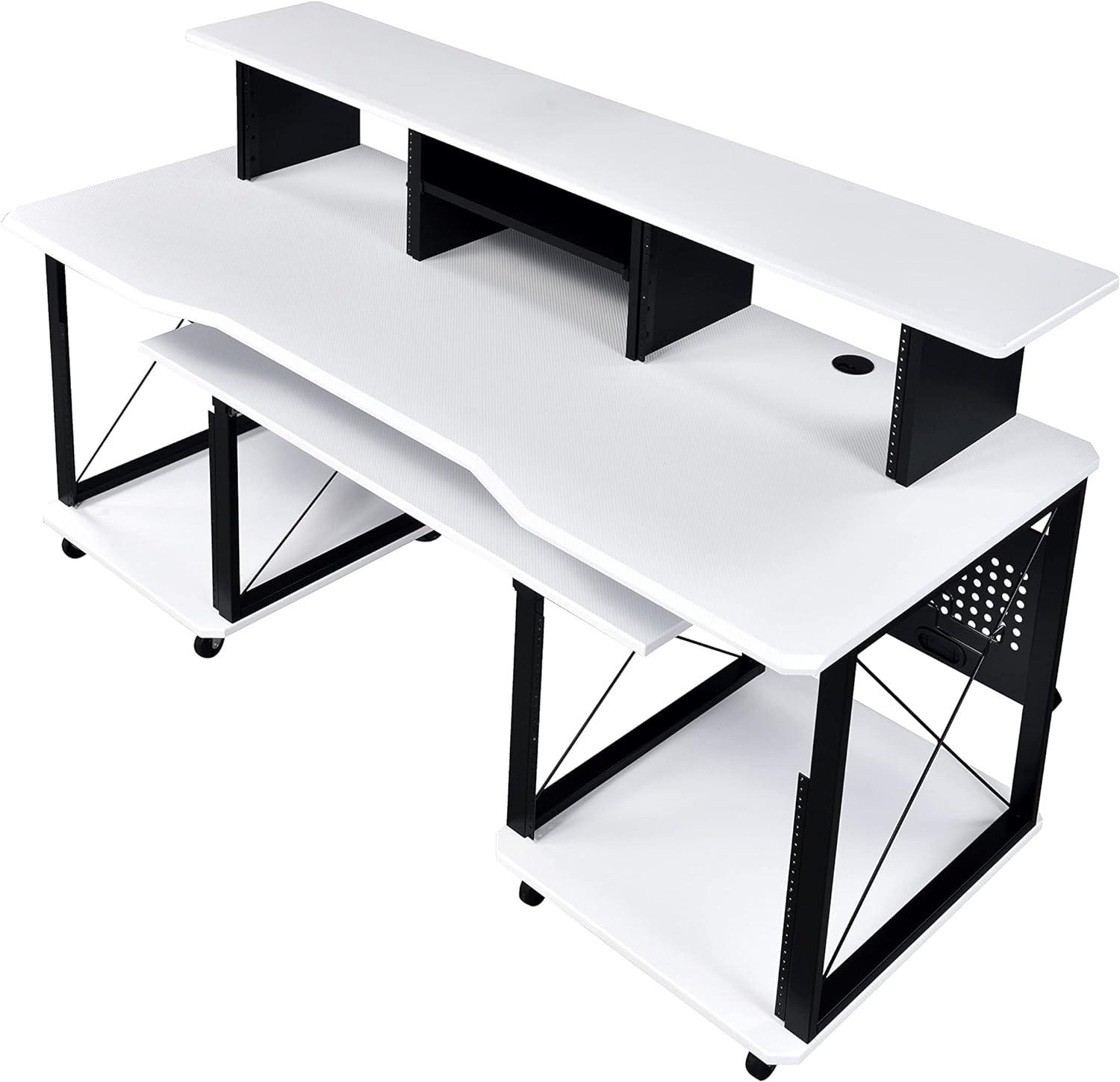 72" Megara Desks White and Black Finish - Acme Furniture: Metal Frame, Wood Surface, Open Storage Shelf