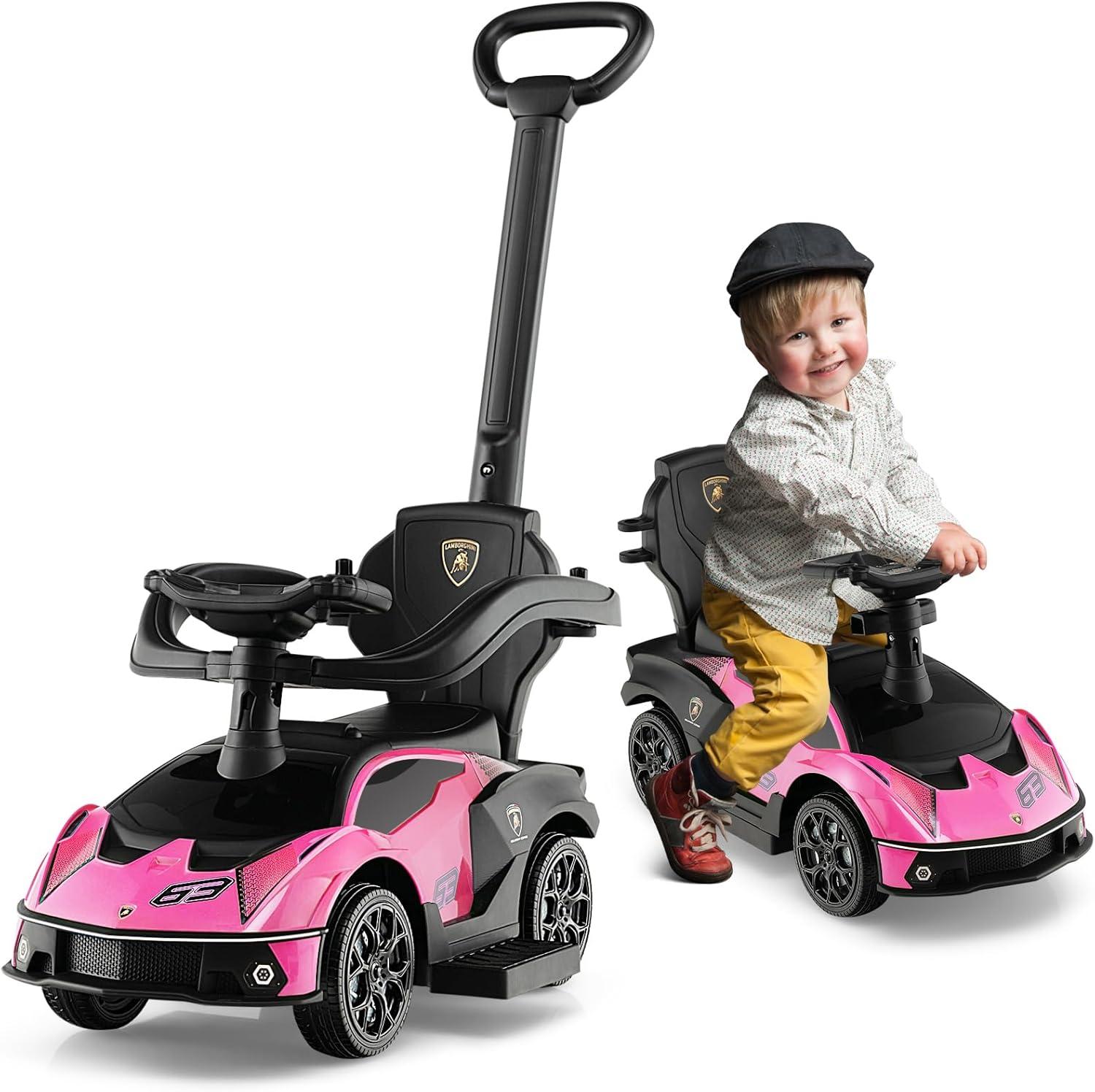 Costway 3-in-1 Licensed Lamborghini Ride on Push Car Stroller Sliding Car w/ Sound Pink