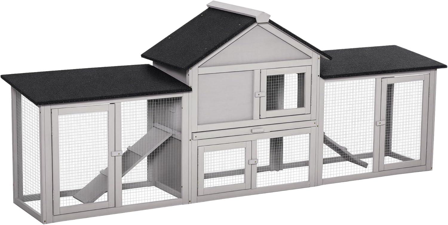 PawHut 83" Wooden Rabbit Hutch Large Bunny Hutch House with Double Run, Removable Tray and Waterproof Roof for Outdoor, Gray