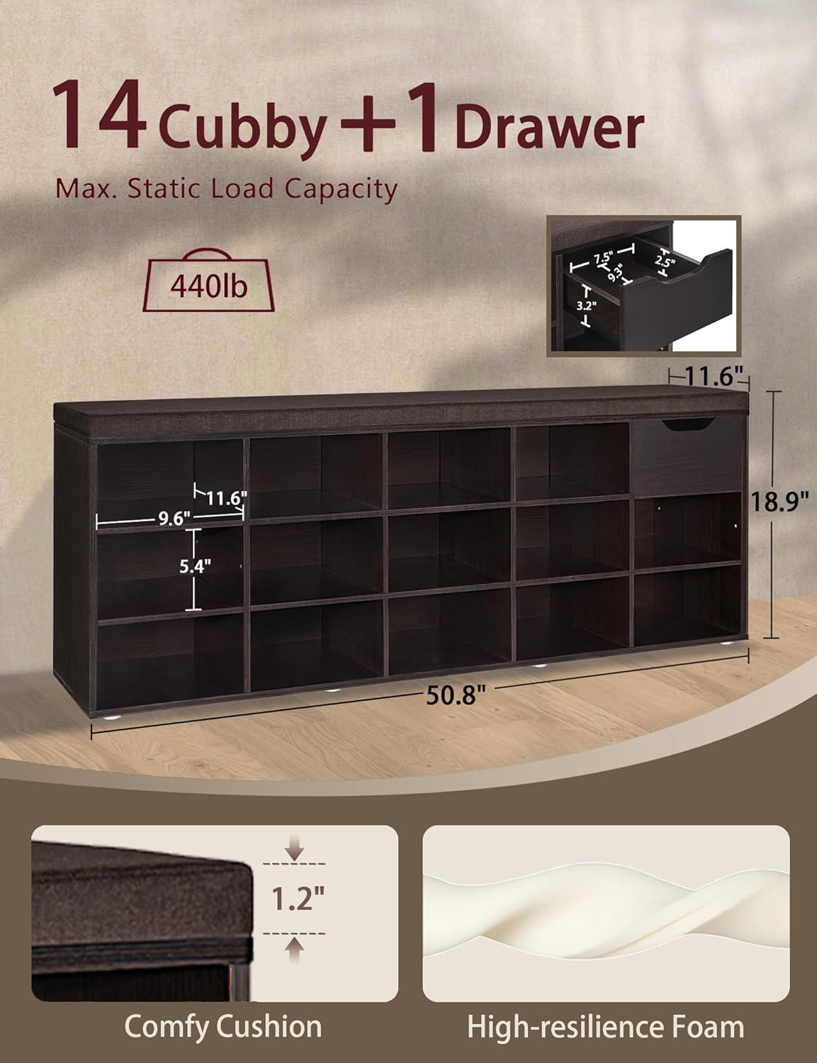 Shoe Rack Bench with Cushion 15-Cube Storage Bench Storage Cabinet for Entryway Espresso