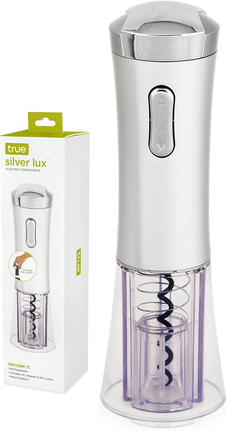 True Lux Electric Wine Opener, Rechargeable Corkscrew with Charger, Silver