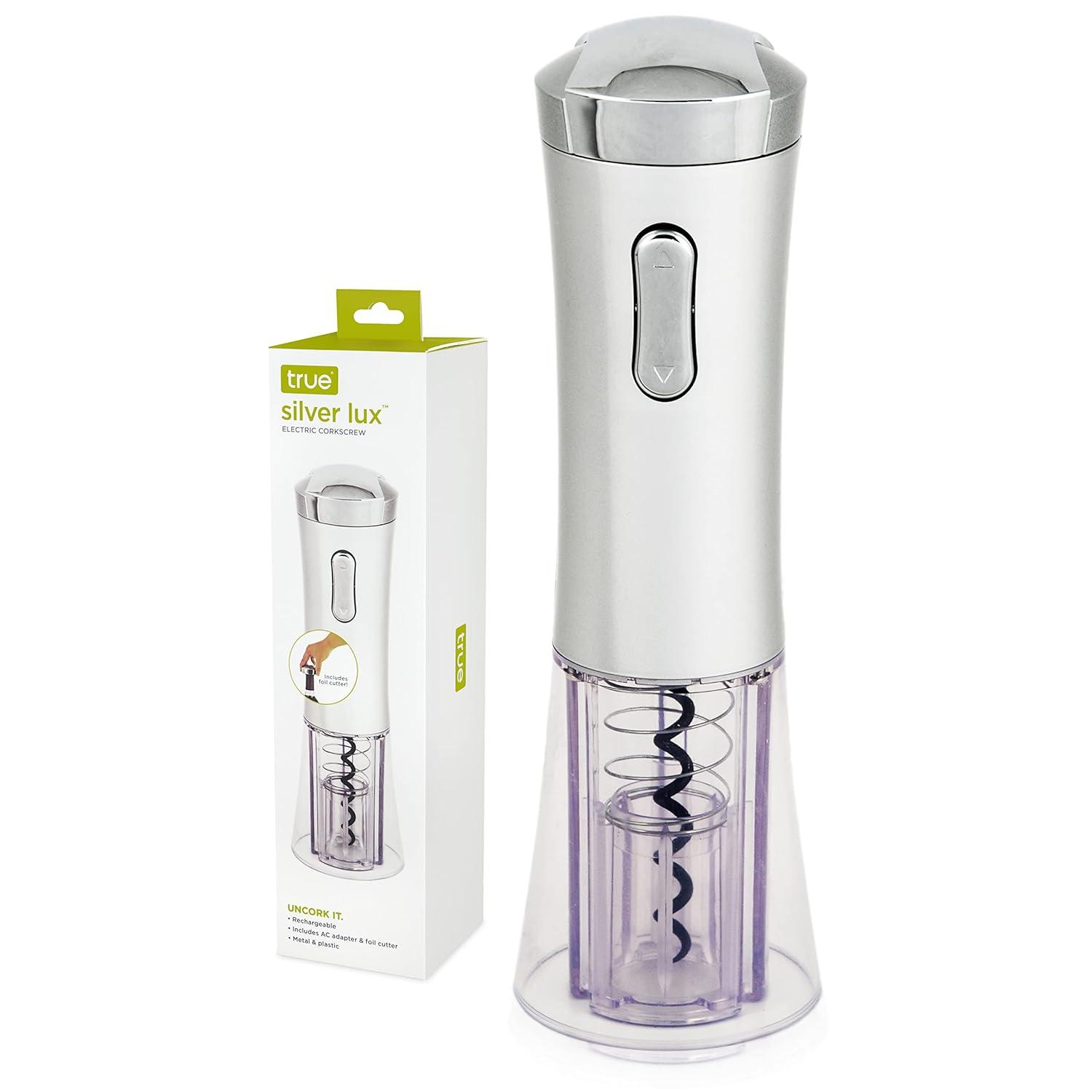 True Lux Electric Wine Opener, Rechargeable Corkscrew with Charger, Silver