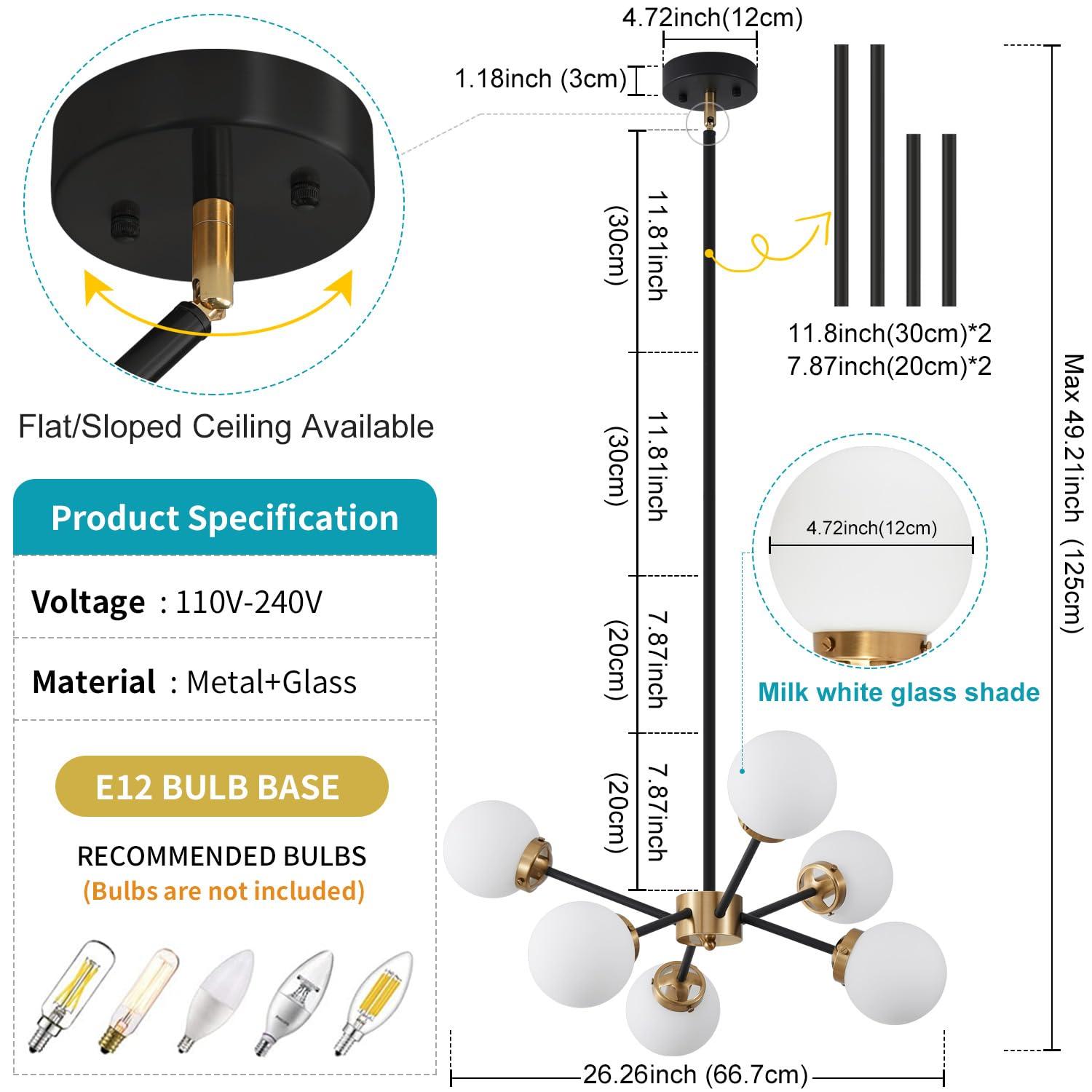 Gold Sputnik Chandelier 4-Light Globe Sputnik Ceiling Light Fixture Mid Century Sputnik Chandeliers with Milk Glass Shade