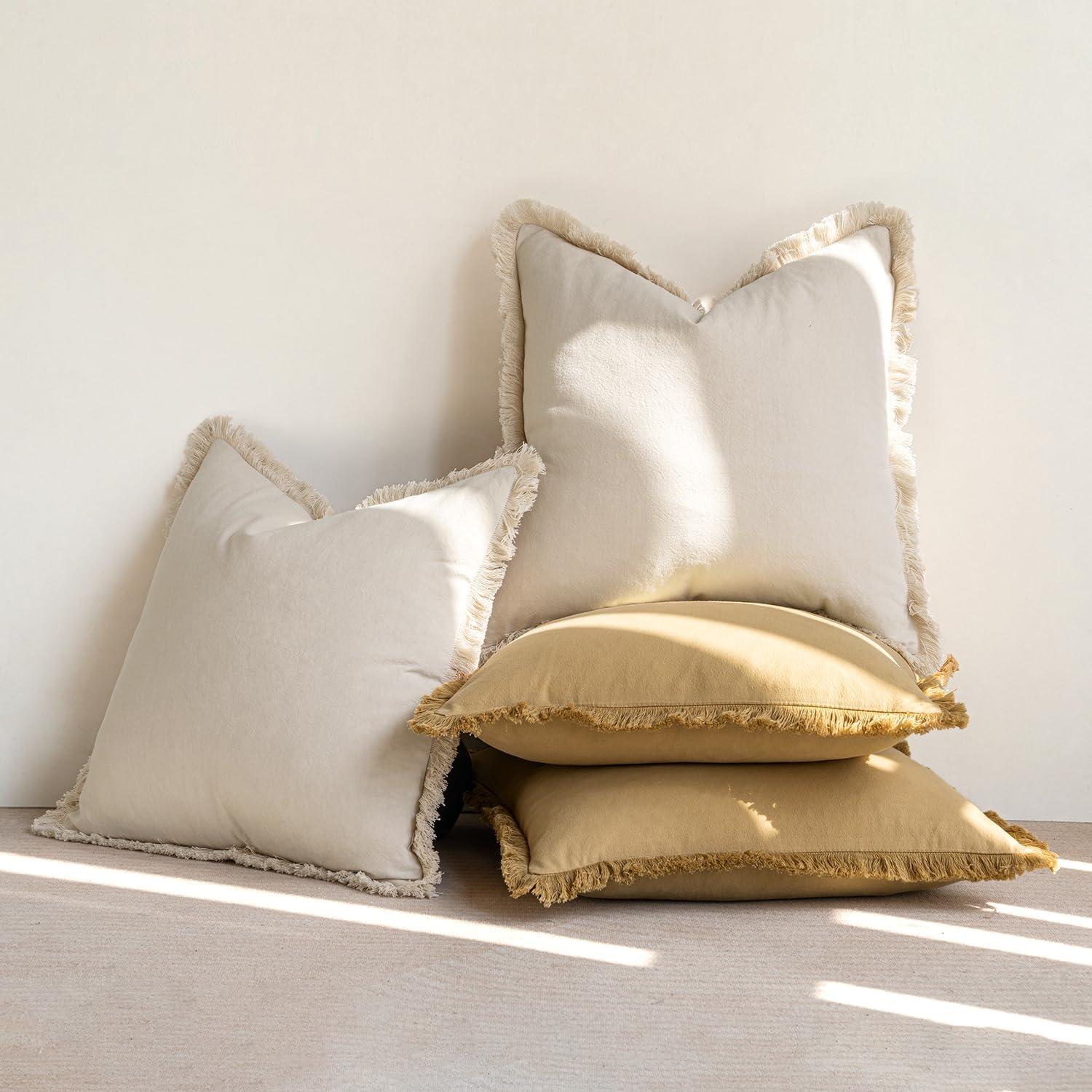 MIULEE Throw Pillow Covers Boho Farmhouse 18x18 Set of 2 Decorative Beige Couch with Fringe Chic Cotton Pillowcases Home Decor Accents for Cushion Soft Bed Living Room