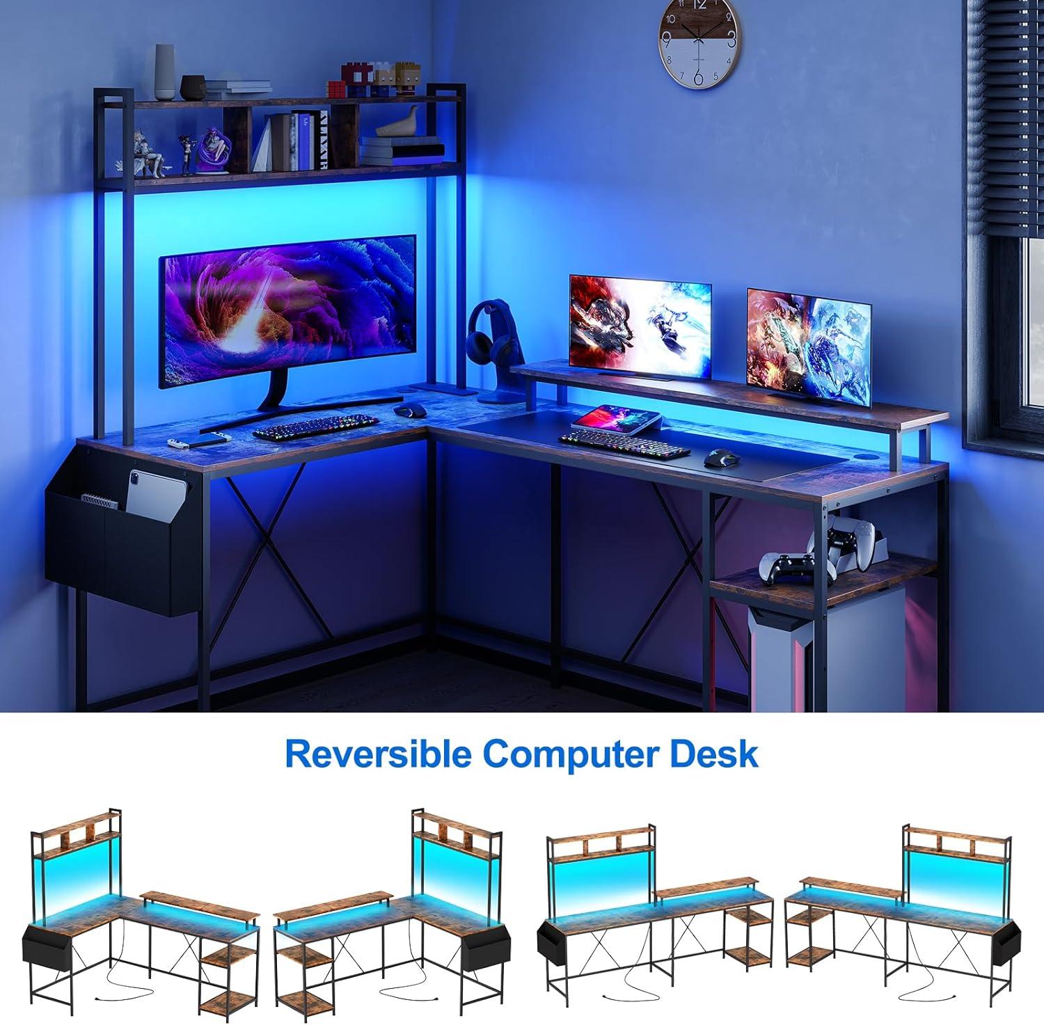 Jojoka L Shaped Storage Shelf Computer Gaming Desk with LED Lights & Power Outlets, 67" Reversible Large Corner Desk with Monitor Stand, Home Office Desk, Study Desk, Writing Desk, Workstation, Brown