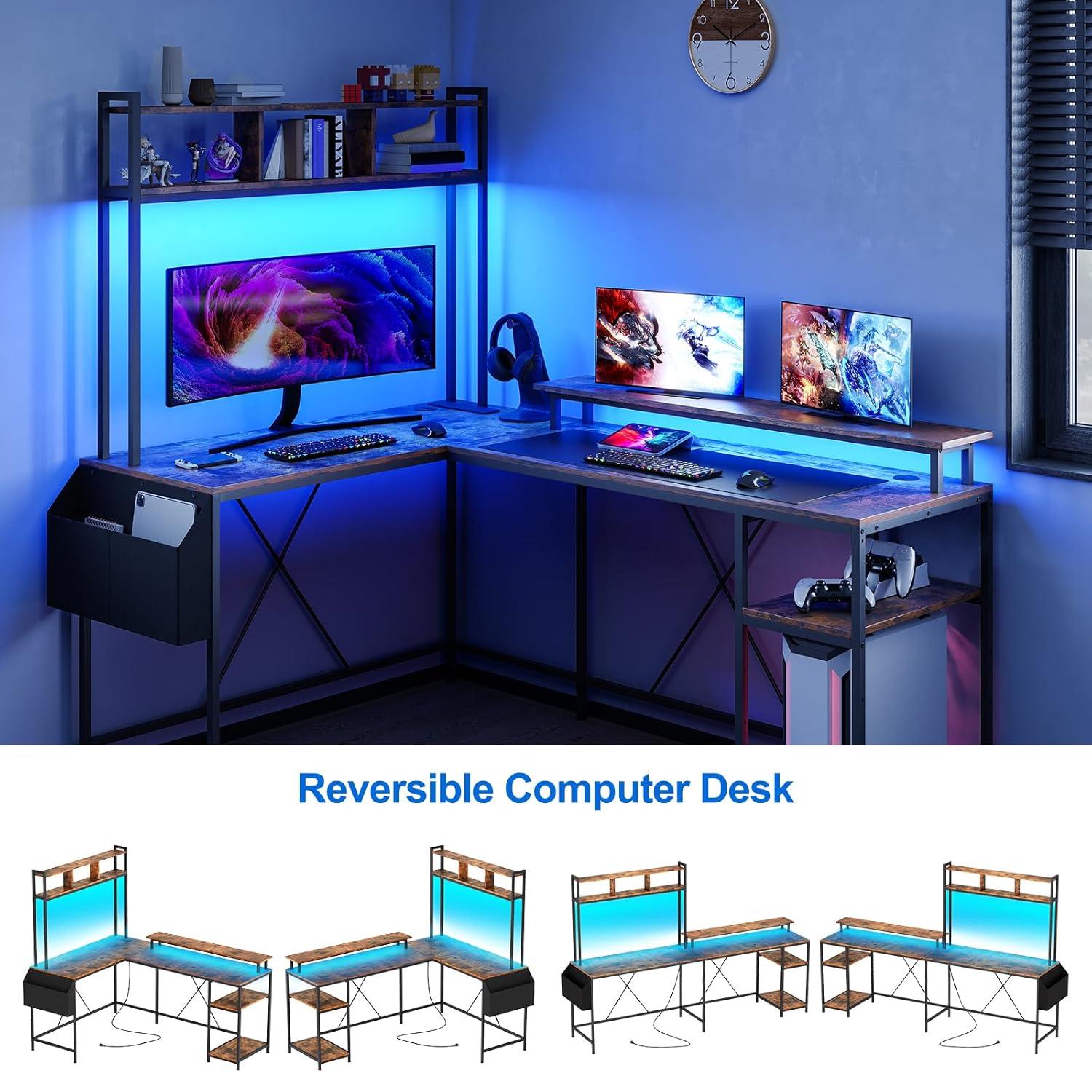 Garvee Spacious L-Shaped Gaming Desk with Customizable RGB Lights & Charging Options – Ideal for Comfort & Efficiency, Brown