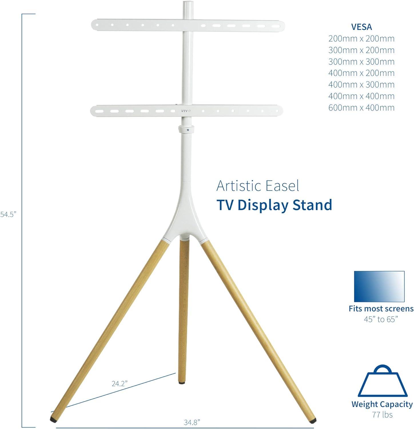 White and Light Wood Adjustable Easel TV Stand for 45"-65" Screens