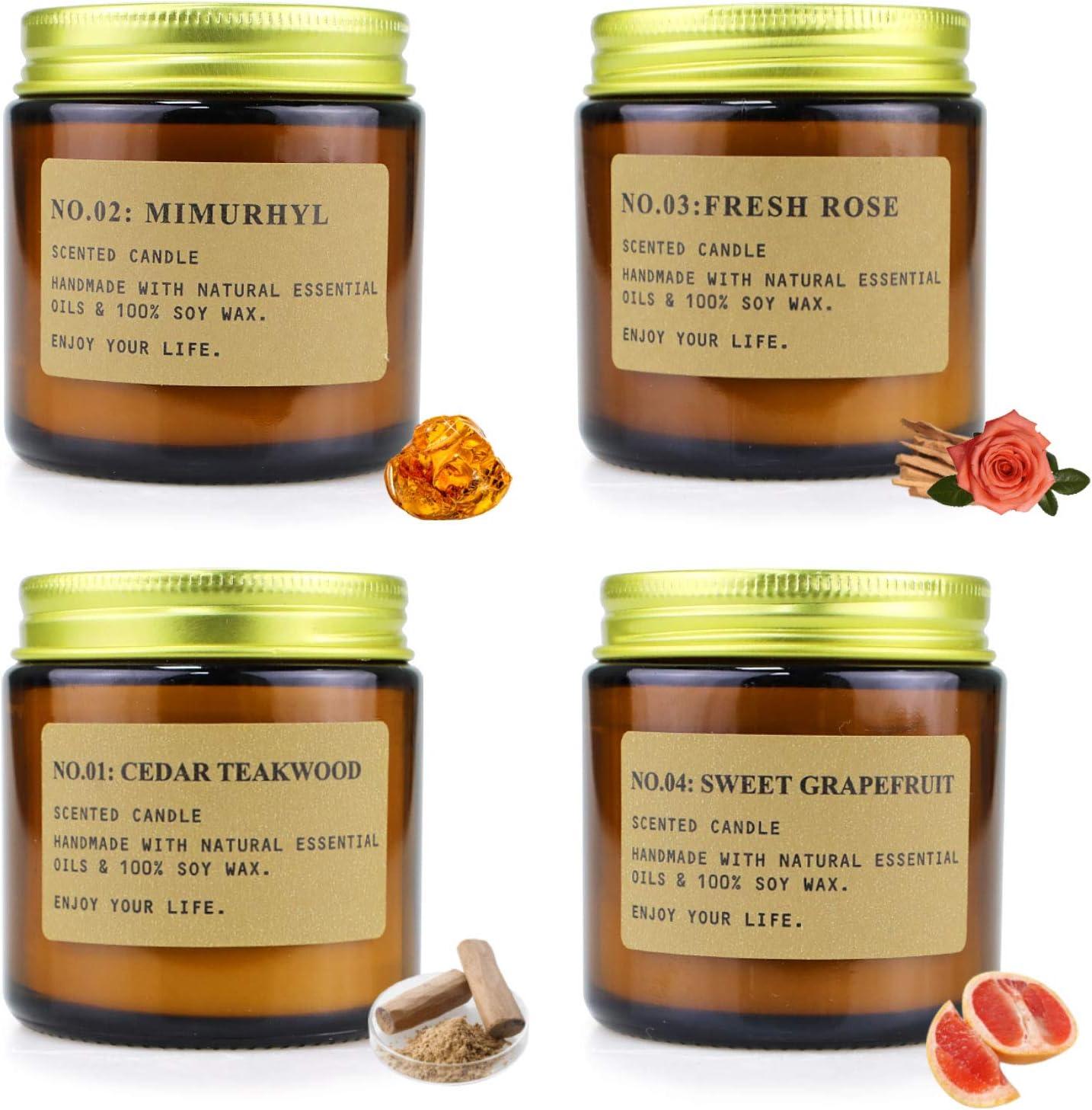 YFYTRE 4 Pack Scented Candle Set Soy Wax, Aromatherapy Candles for Home Decoration, Jar Candles Gift for Women with Amber Glass Jars and Kraft Wrapping