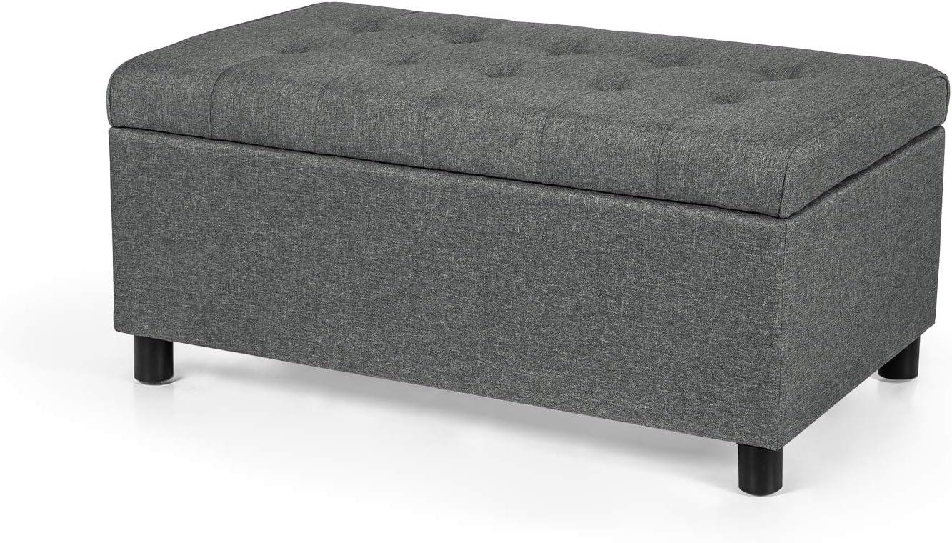 Dark Grey Fabric Upholstered Rectangular Tufted Storage Ottoman Bench