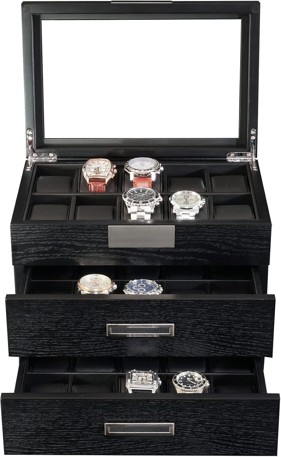 30-Piece Black Ebony Wood Watch Extra Height Clearance Display Case and 3 Drawer Storage Organizer Box
