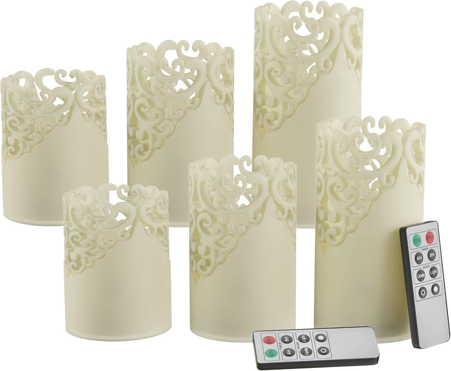LED Candles with Remote Control – Set of 6 Realistic Flameless Pillar Lights with Lace Details and Vanilla Scented Wax – Home Decor by Lavish Home