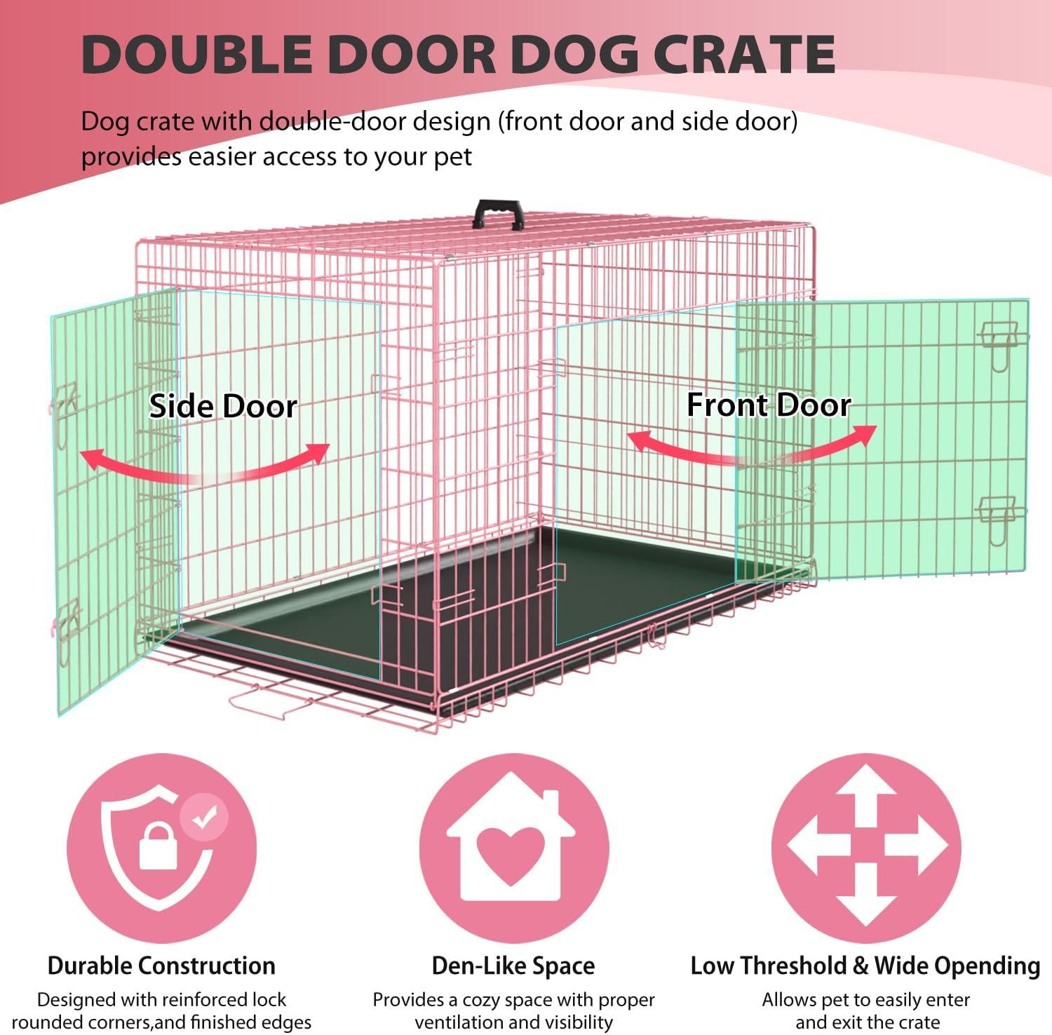 FDW 36 Inch Dog Crates for Large Dogs Folding Mental Wire Crates Dog Kennels Pet Dog Cage Crate with Double-Door Removable Tray and Handle,Pink