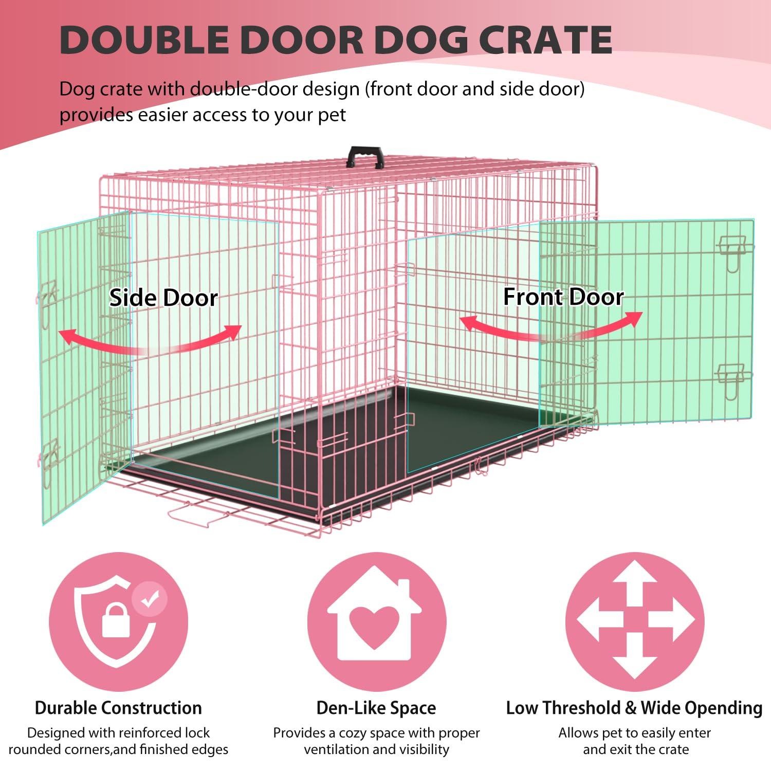 FDW 36 Inch Dog Crates for Large Dogs Folding Mental Wire Crates Dog Kennels Pet Dog Cage Crate with Double-Door Removable Tray and Handle,Pink
