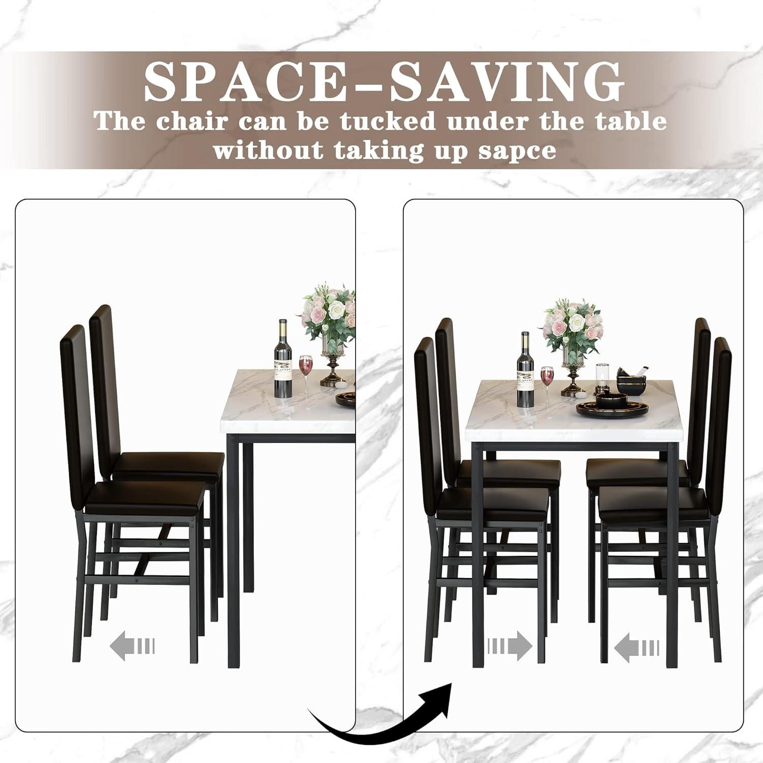 5 Piece Dining Set, Modern Dining Table and Chairs Set for 4, Kitchen Dining Table Set with Faux Marble Tabletop and 4 PU Leather Upholstered Chairs, for Small Space, Breakfast Nook, D8835