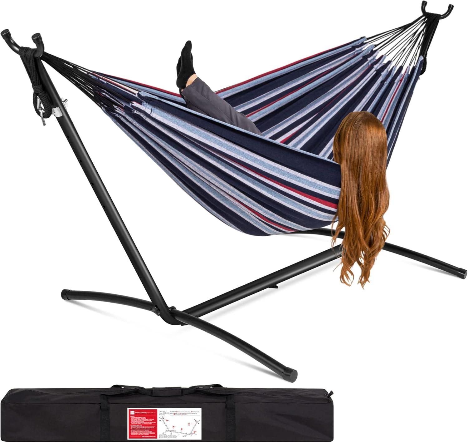 Best Choice Products 2-Person Brazilian-Style Cotton Double Hammock with Stand Set w/ Carrying Bag - Abyss