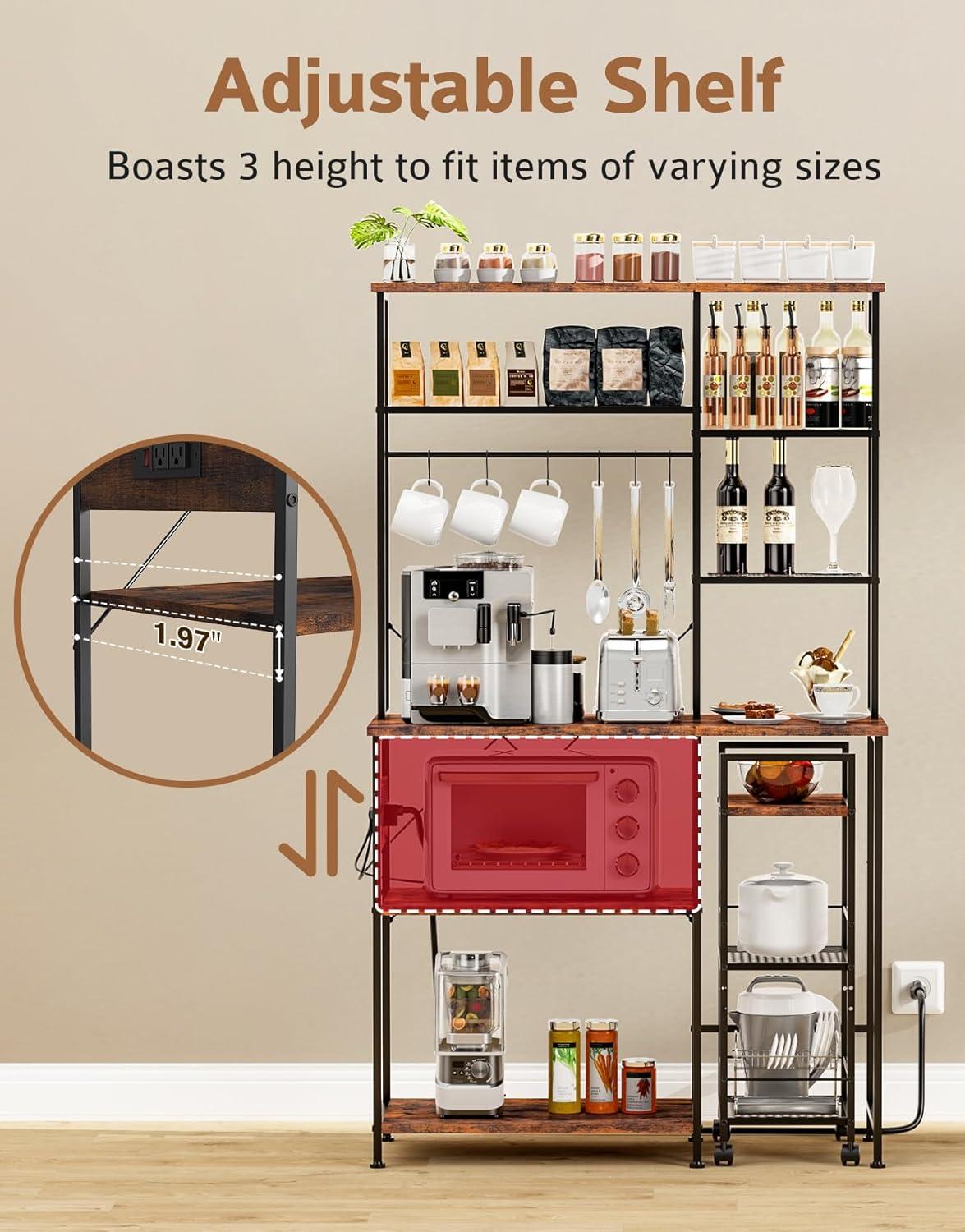 17 Stories Bakers Rack With Mobile Kitchen Utility Shelf ,Adjustable Height, Multi-Compartment Storage With Power Outlet ,6 Hooks For Bread Machines, Coffee Bar, Microwave Stand, Rustic Brown And Black