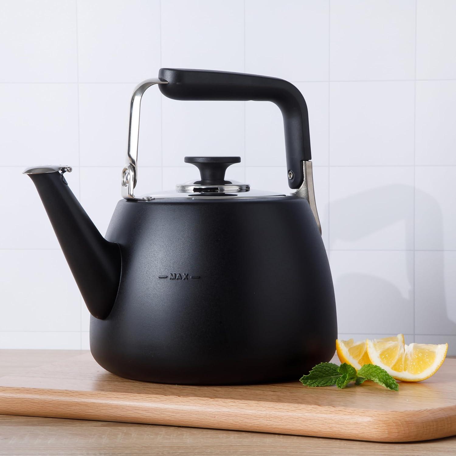 Large Brushed Stainless Steel Whistling Tea Kettle with Black Handle