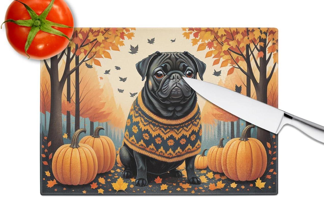 Black Pug Fall Glass Cutting Board Large