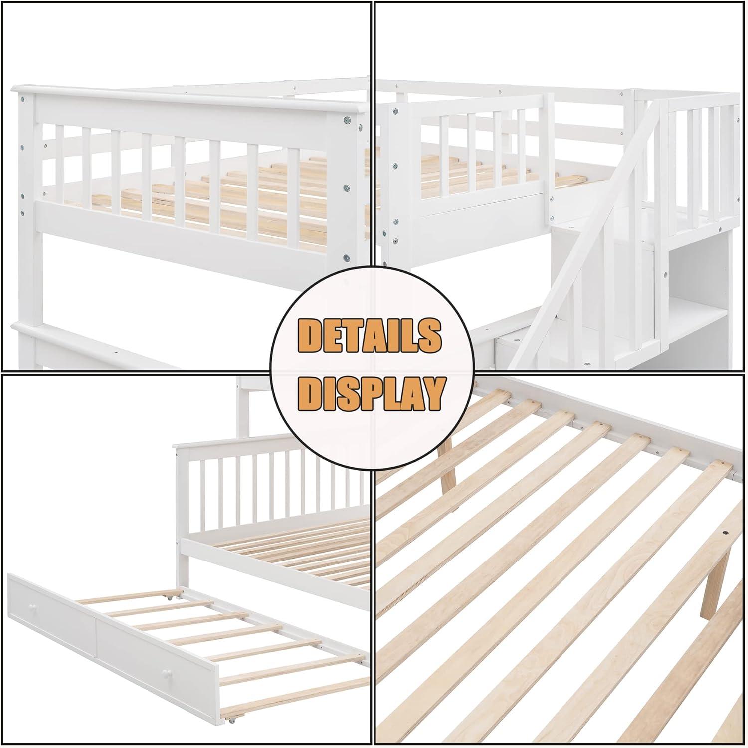 CITYLIGHT Bunk Bed Twin Over Full with Trundle, Bunk Beds with Stairs and Open Shelves, Wooden Stairway Bunk Bed for Kids, Teens,Bedroom, Dorm(White,Twin Over Full)