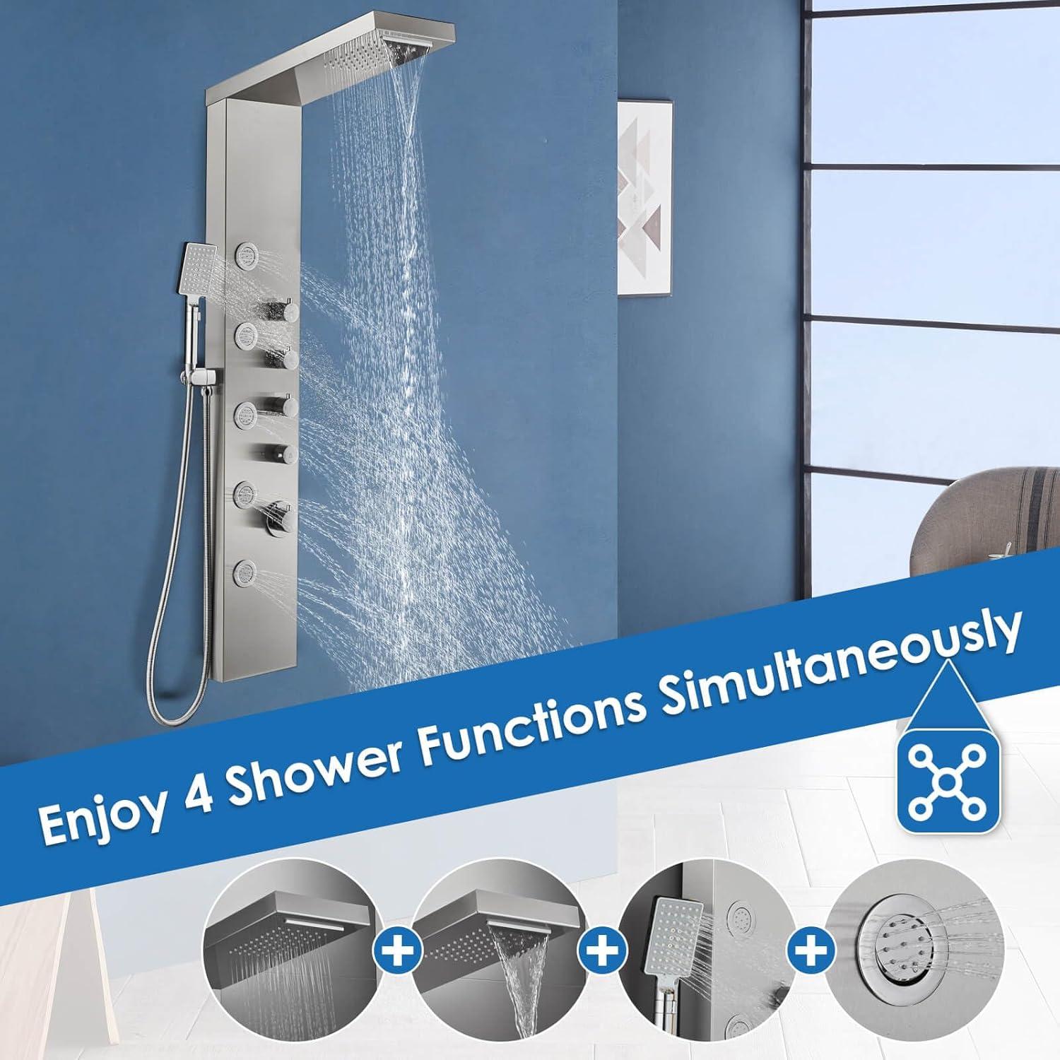 Brushed Stainless Steel Wall-Mount Shower Panel with Body Jets