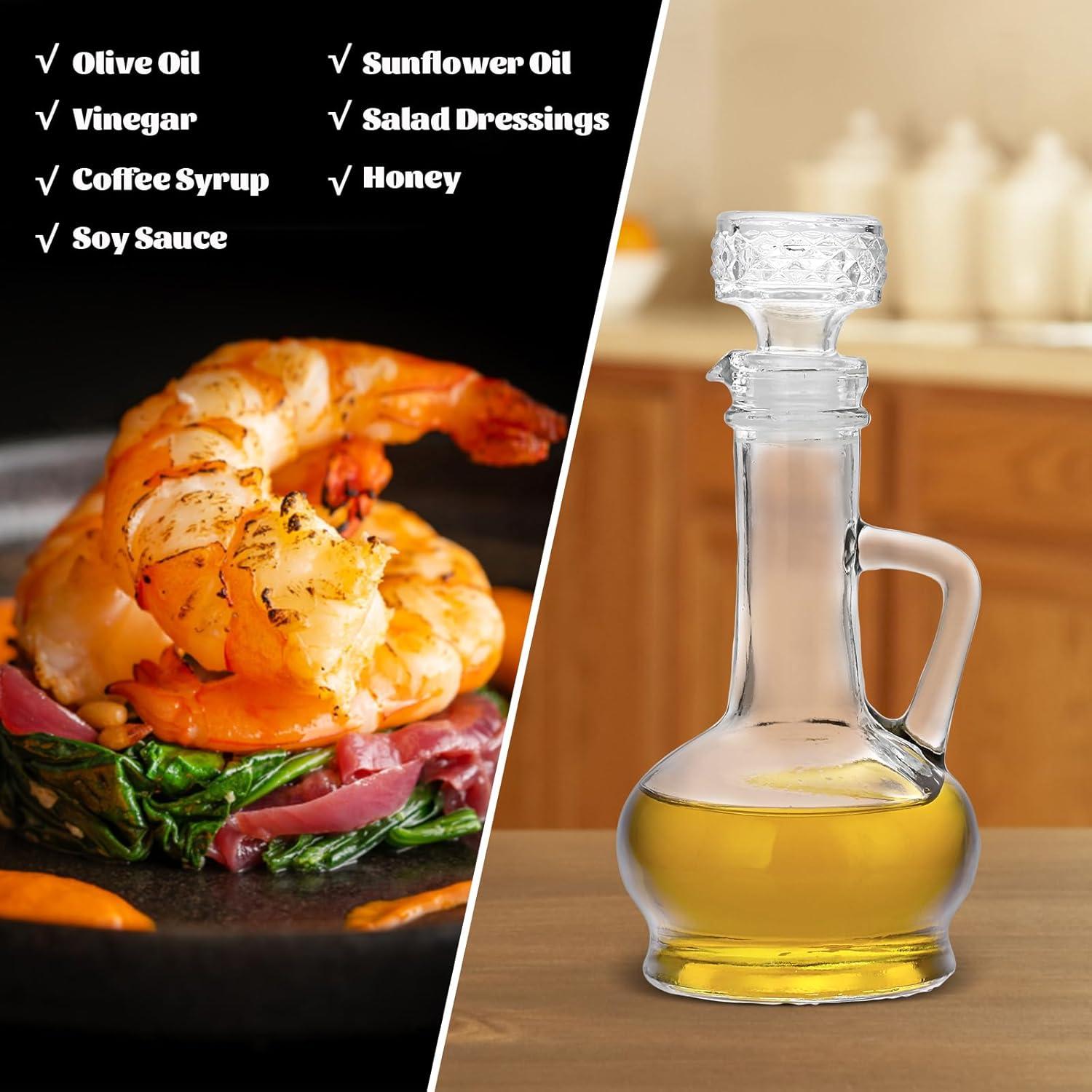 Cornucopia Brands 8oz Glass Oil and Vinegar Cruets (Set of 2); Round Oil Dispensers / Salad Dressing Bottles w/ Stoppers