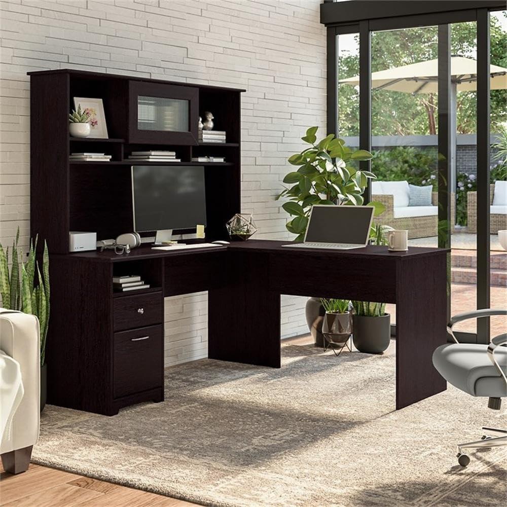 Cabot 60W L Shaped Computer Desk with Hutch in Ash Gray - Engineered Wood