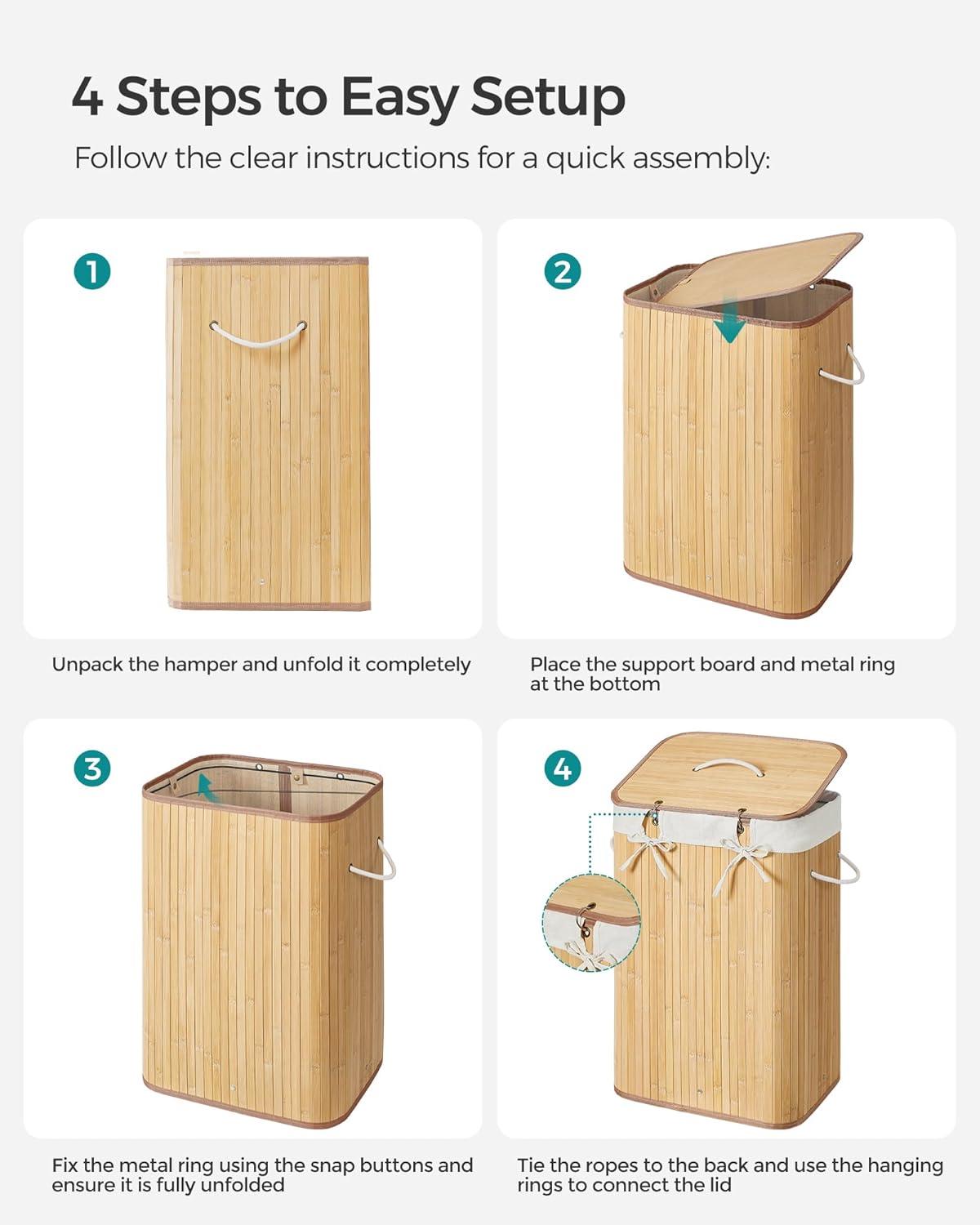 Natural Bamboo Foldable Laundry Hamper with Lid and Handles