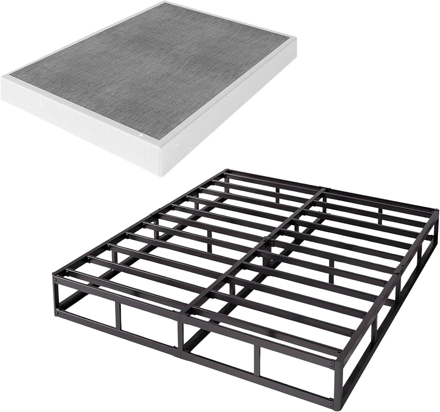 King Size Bed Frame, 5 Inch Low Profile Metal Box Spring with Fabric Bed Cover, 2500lbs Heavy Duty Steel Structure Mattress Base, Noise-Free Bed Foundation, Easy Assembly, Black