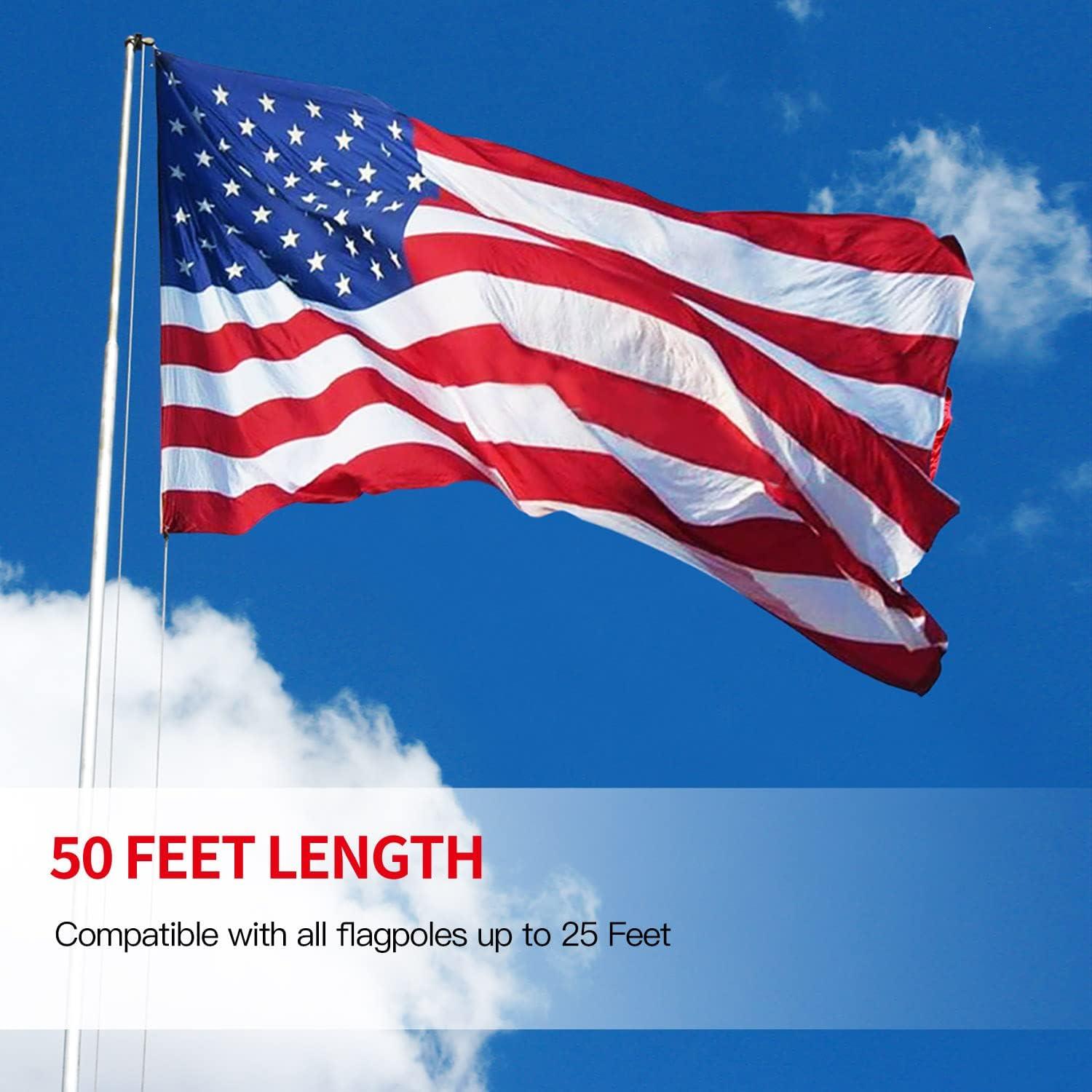 Anley 50 Ft Flag Halyard Rope (1/4 In), Suitable for Climbing, Swing, Camping Tent, Clothesline and Boats - Double Braided, Compatible with Flagpoles Up To 25 Feet (White)