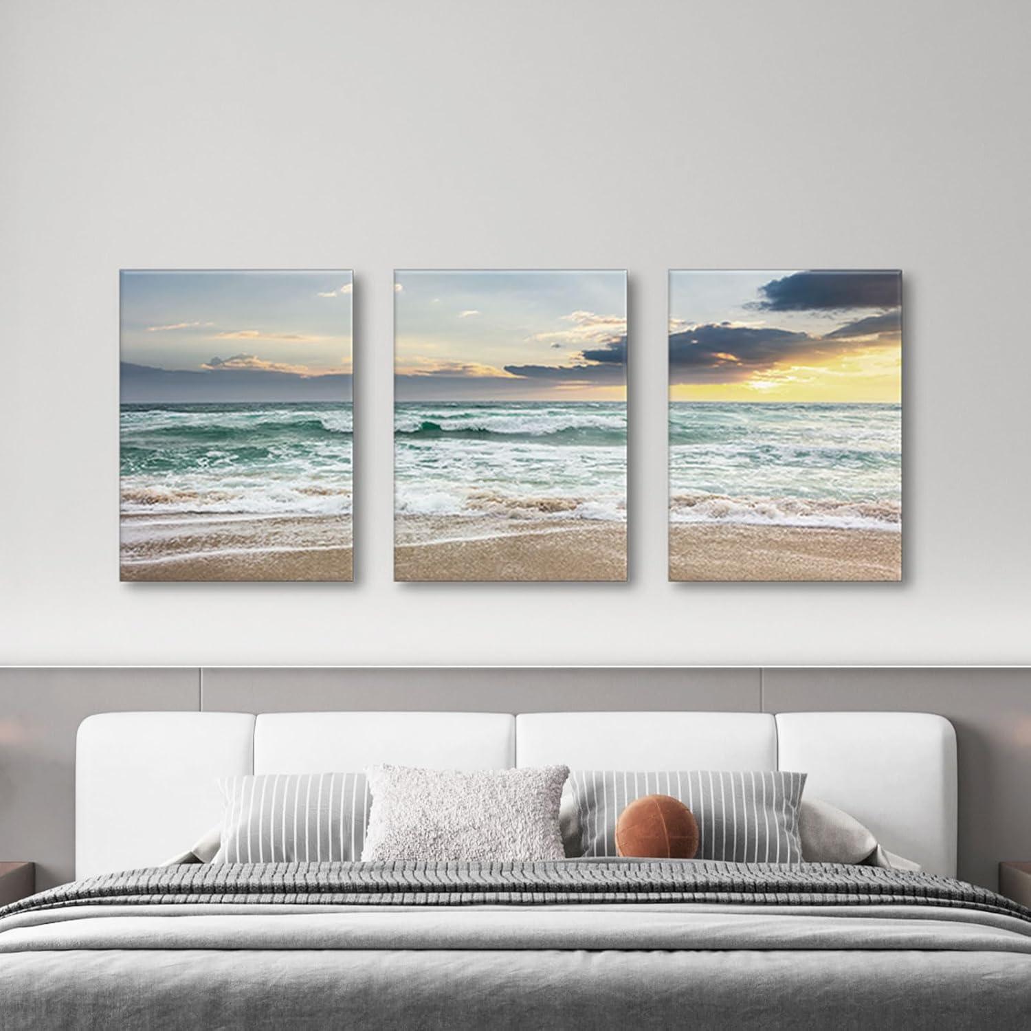 Asdg12s-3 Panel Wall Art Blue Sea Sunset White Beach Painting The Picture Print On Canvas Seascape The Pictures for Home Decor Decoration,Ready to Hang