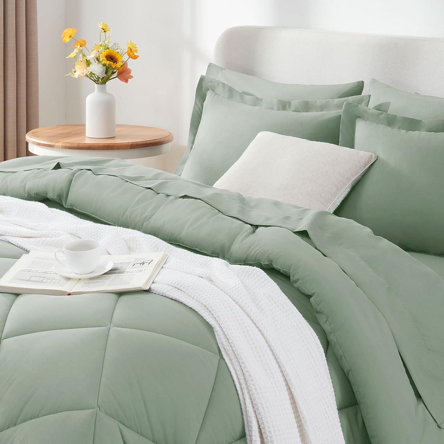 Cozy Comfort Sage Green Full Size Comforter Set - 7 Pieces Solid Full Bed in a Bag, Full Bed Set Sage Green with Quilted Warm Fluffy Comforters, Sheets, Pillowcases & Shams