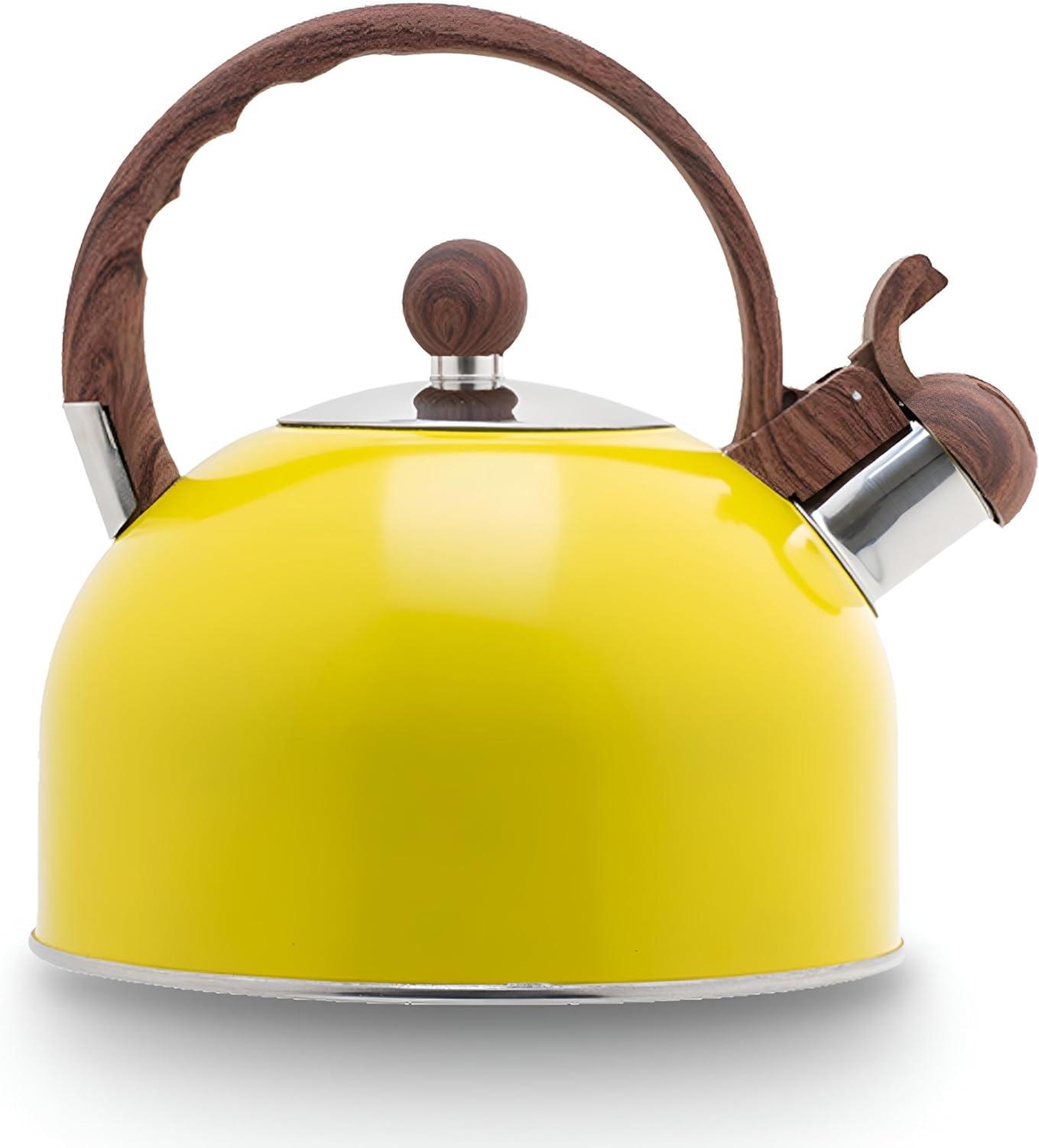 Venoly 2.5 Liter Whistling Tea Kettle - Modern Stainless Steel Whistling Tea Pot for Stovetop Hot Water Boiler with Cool Grip Ergonomic Handle (Lemon Yellow, 2.5 Quarts/Liters)