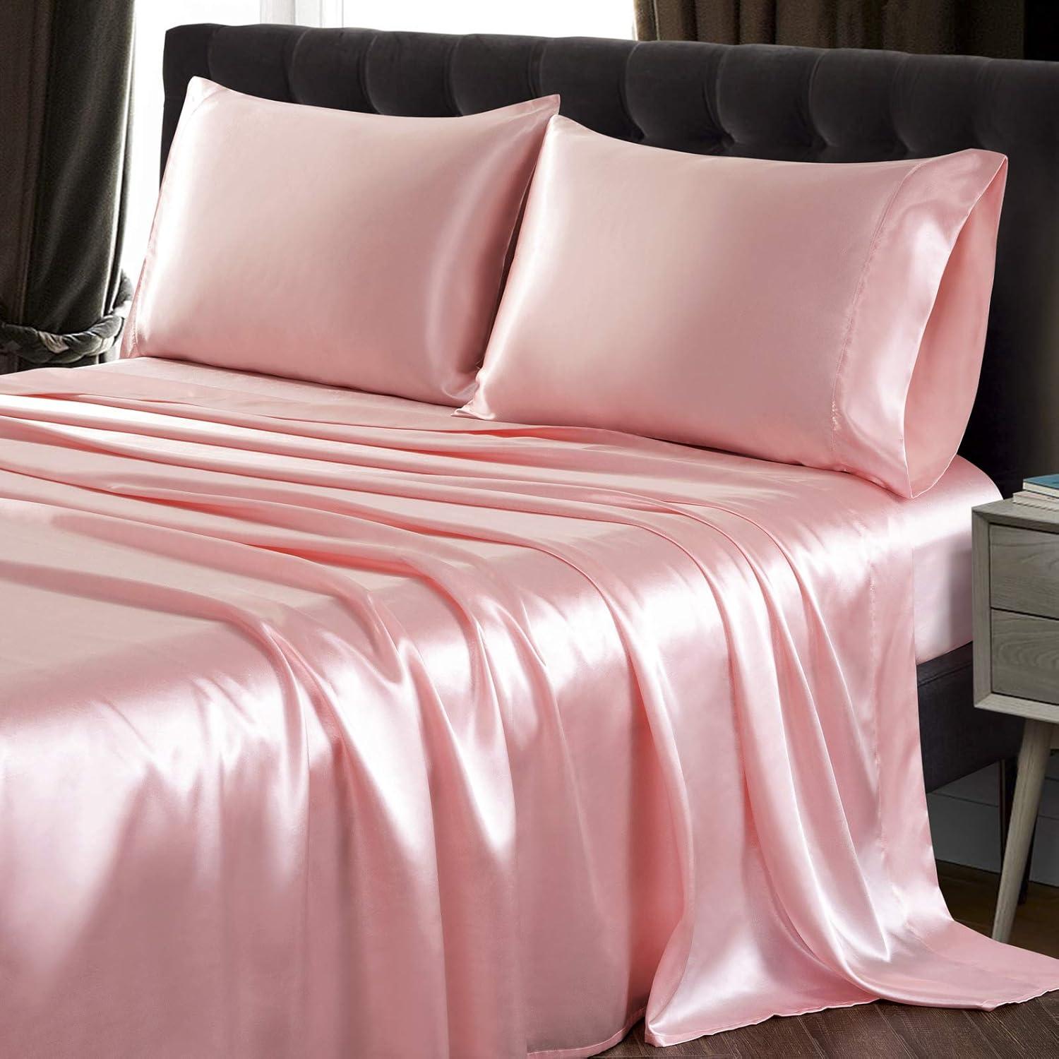 Blush Pink Satin King Sheet Set with Deep Pockets