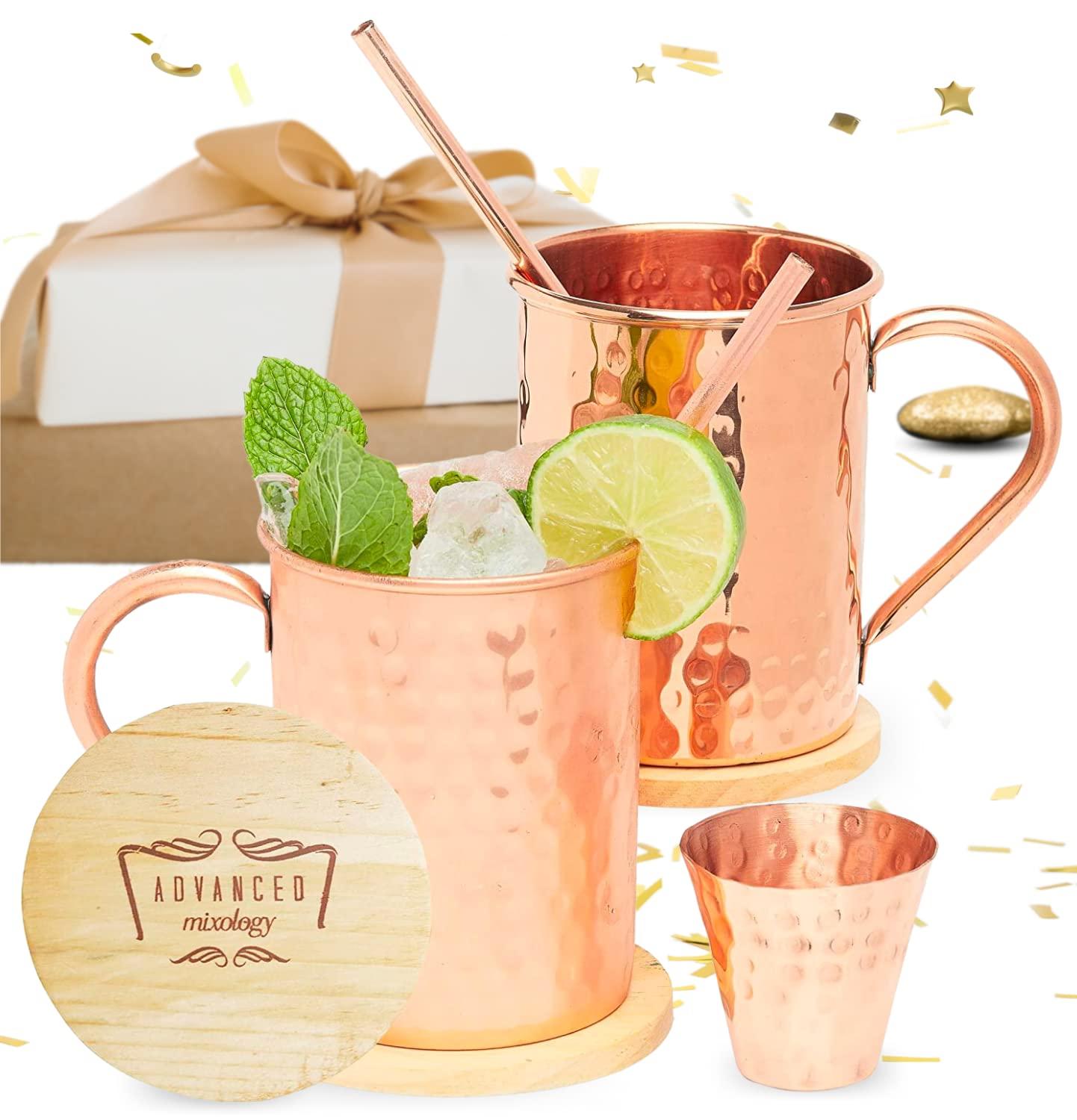 Advanced Mixology Moscow Mule Copper Mugs - Set of 2 - 100% HANDCRAFTED - Pure Solid Copper Mugs 16 oz Gift Set with BONUS: Artisan Wooden Coasters, Cocktail Copper Straws, and Shot Glass!