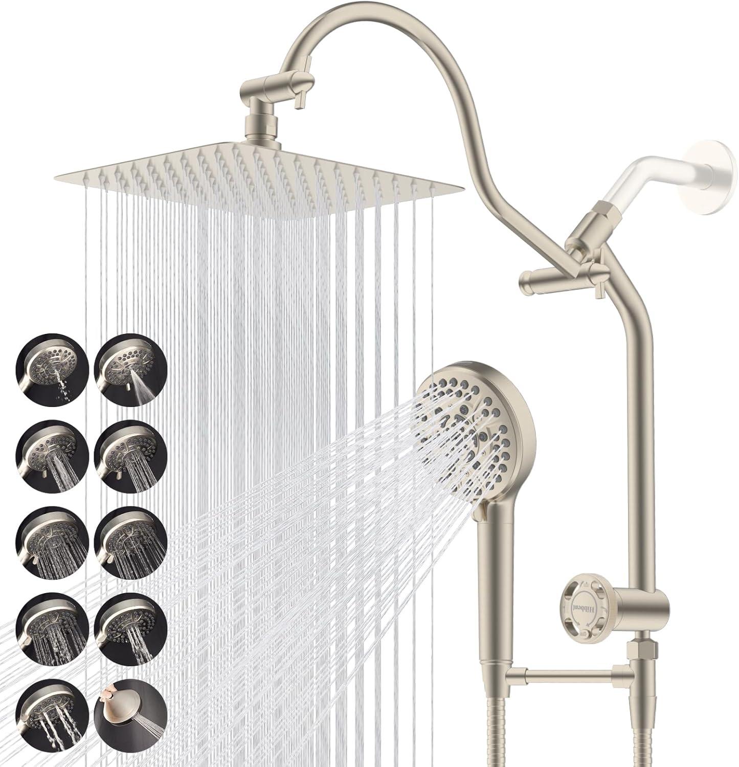 10'' High Pressure Rainfall Shower Head/Handheld Showerhead Combo with 12'' Adjustable Curved