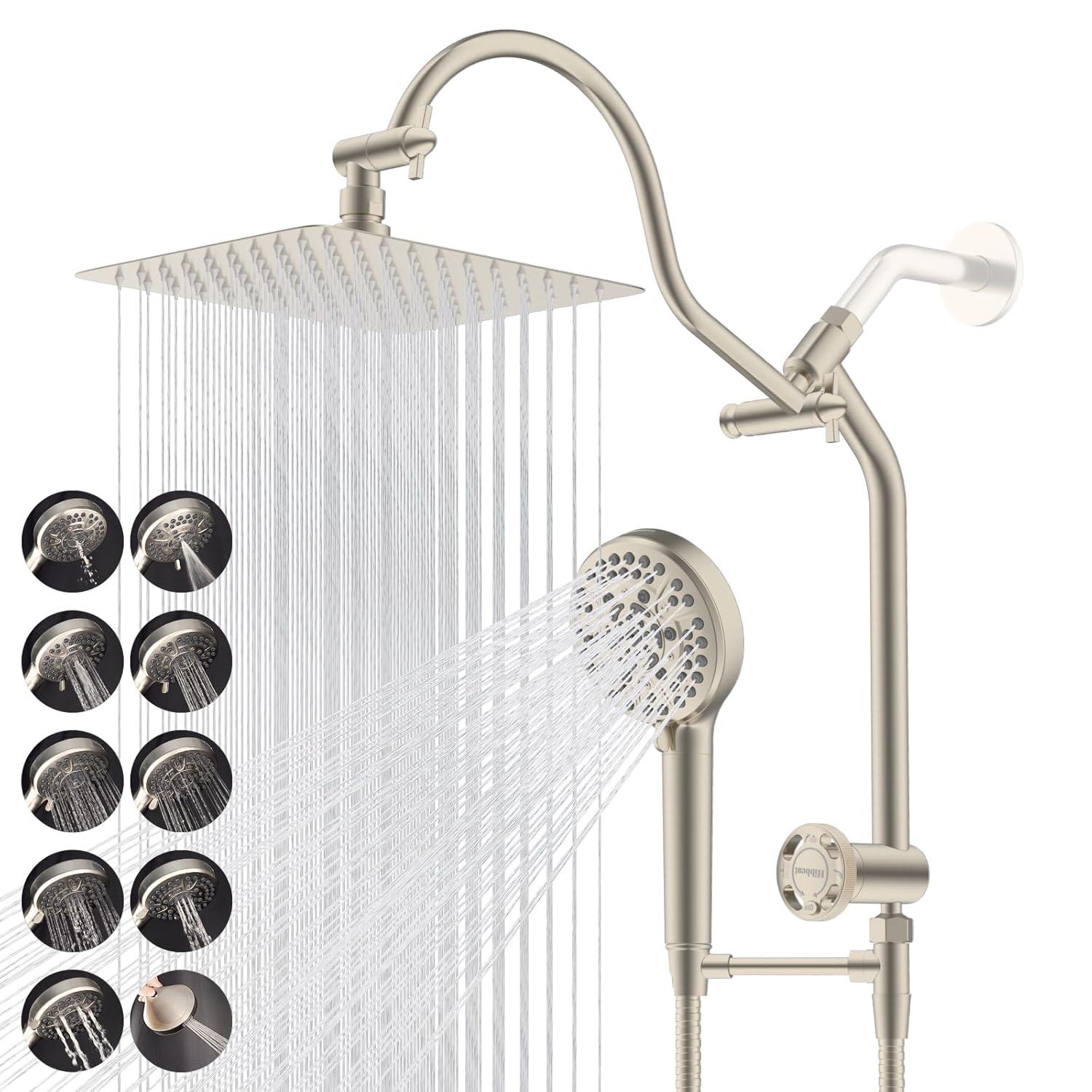 10'' High Pressure Rainfall Shower Head/Handheld Showerhead Combo with 12'' Adjustable Curved