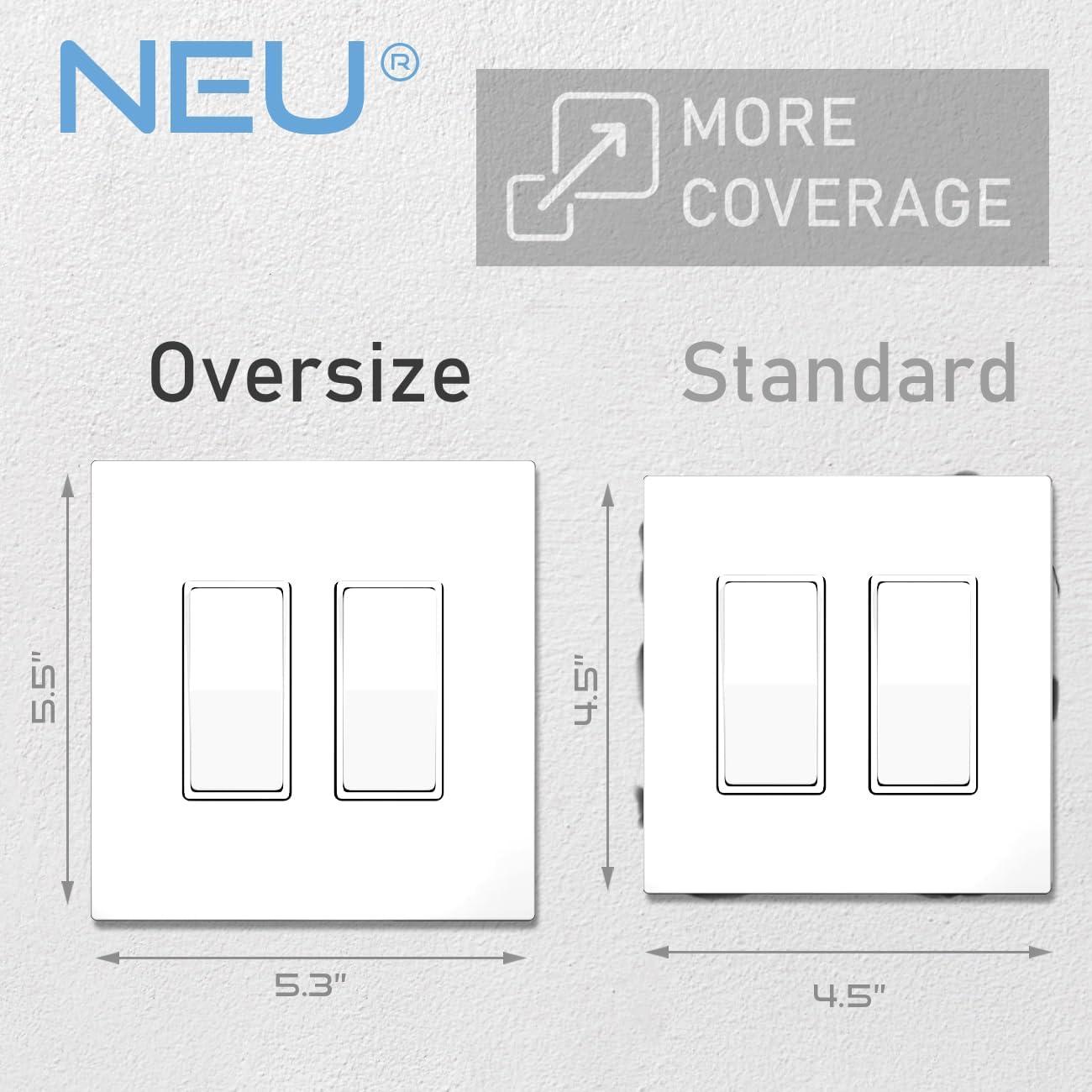 [10 Pack] NEU 2-Gang Screwless Oversize Decorator Wall Plates Child Safe Outlet Cover, 5.3" x 5.5", Unbreakable Polycarbonate Thermoplastic, Glossy White