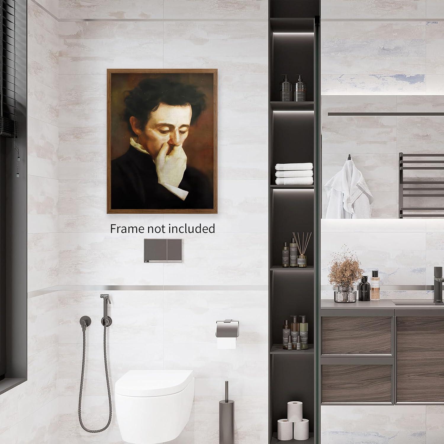 JDNWKBBS Funny Bathroom Canvas Wall Art Humorous Classical Oil Painting Man Covering Nose Posters Vintage Toilet Pictures Prints Rustic Farmhouse Wall Decor for Bathroom Restroom 12x16in Unframed