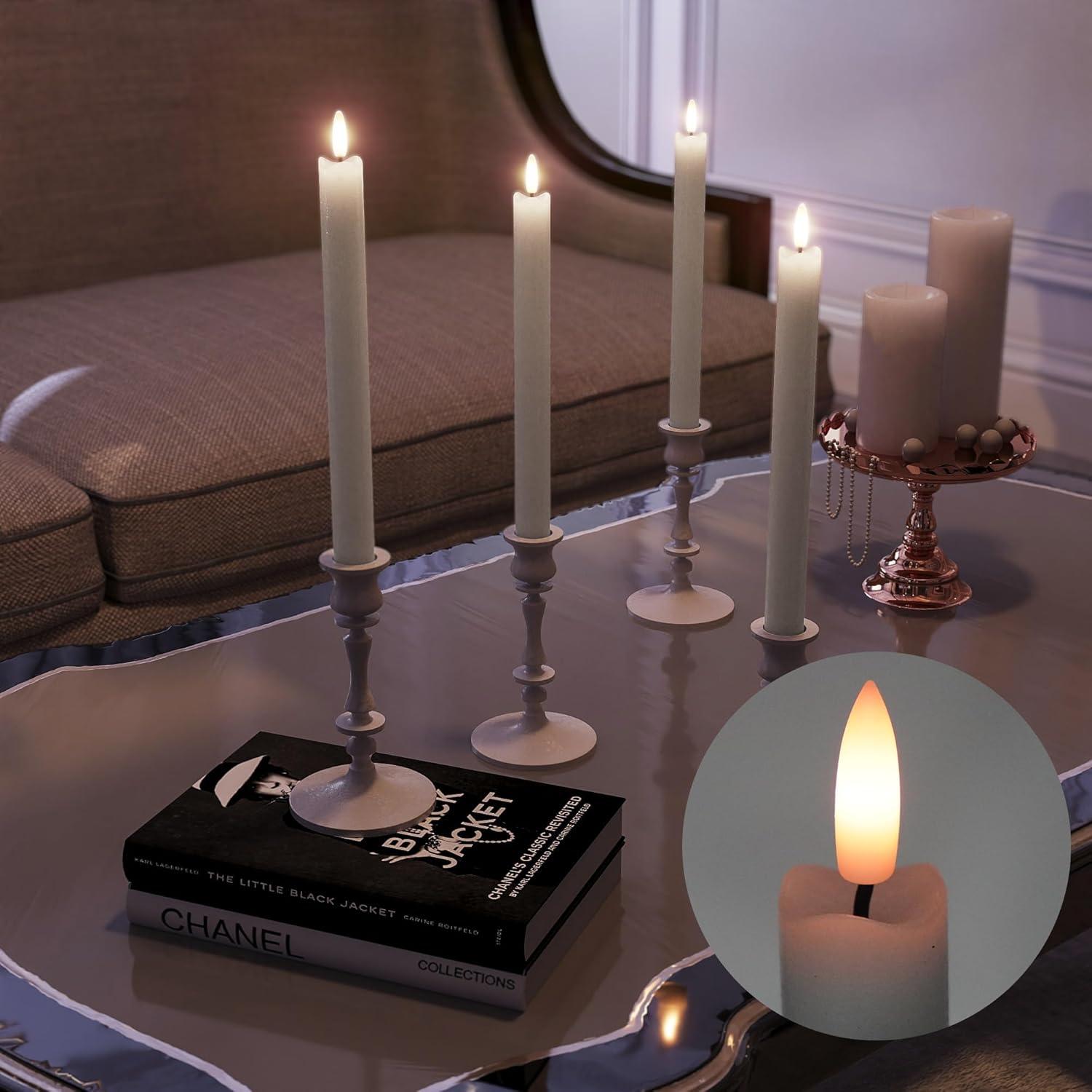 Rechargeable Flameless Taper Candles With Charging Station, 6 Pcs Real Wax LED Taper Candles Flickering With Remote&Timer, 3D Flame Candlesticks For Home Wedding Christmas Decor