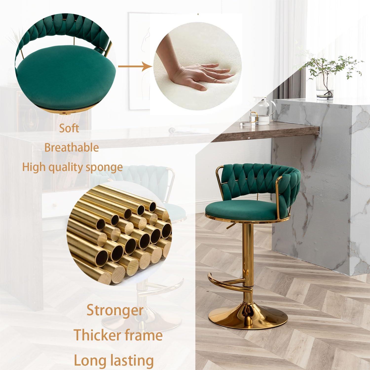 Emerald Green Velvet Adjustable Swivel Bar Stools with Gold Base, Set of 2