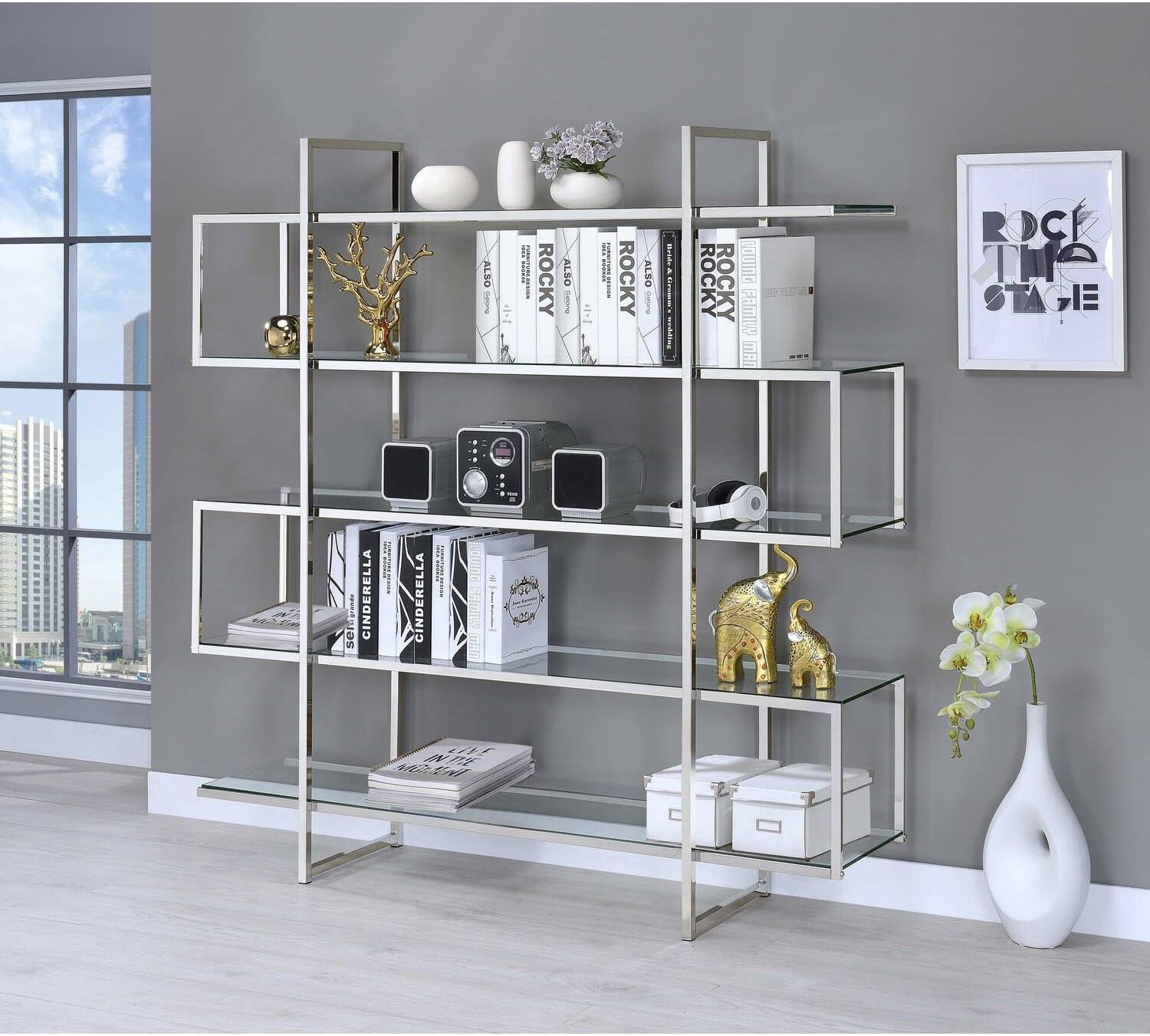 63" Contemporary 5 Shelf Zig Zag Bookcase with Glass Shelves Chrome - Coaster