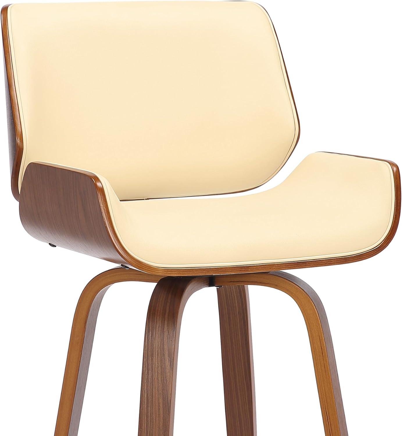 Cream Faux Leather and Walnut Wood Swivel Bar Stool, 26" Seat Height