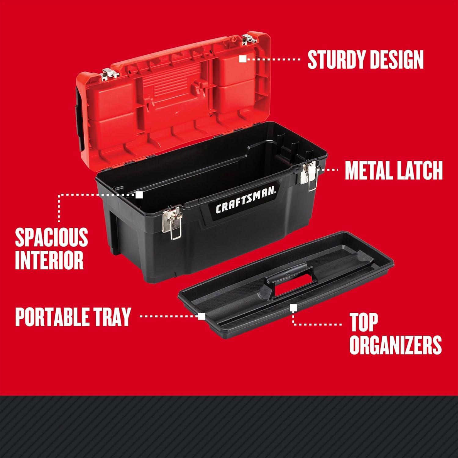 Craftsman Tool Box, Plastic, Black/Red, 20 in W x 10 in D x 10 in H