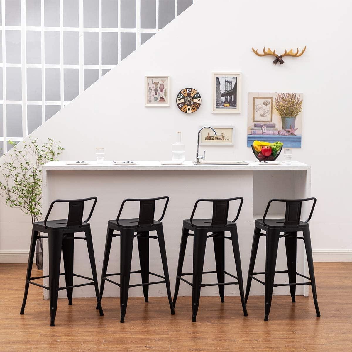 Andeworld 24" Bar Stools Set of 4,Counter Height Bar Stools with Larger Seat,Bar Stools with Back,Black Metal Bar Stools with Removable Back,Farmhouse Bar Stools,High Back Kitchen Bar Stools Chair